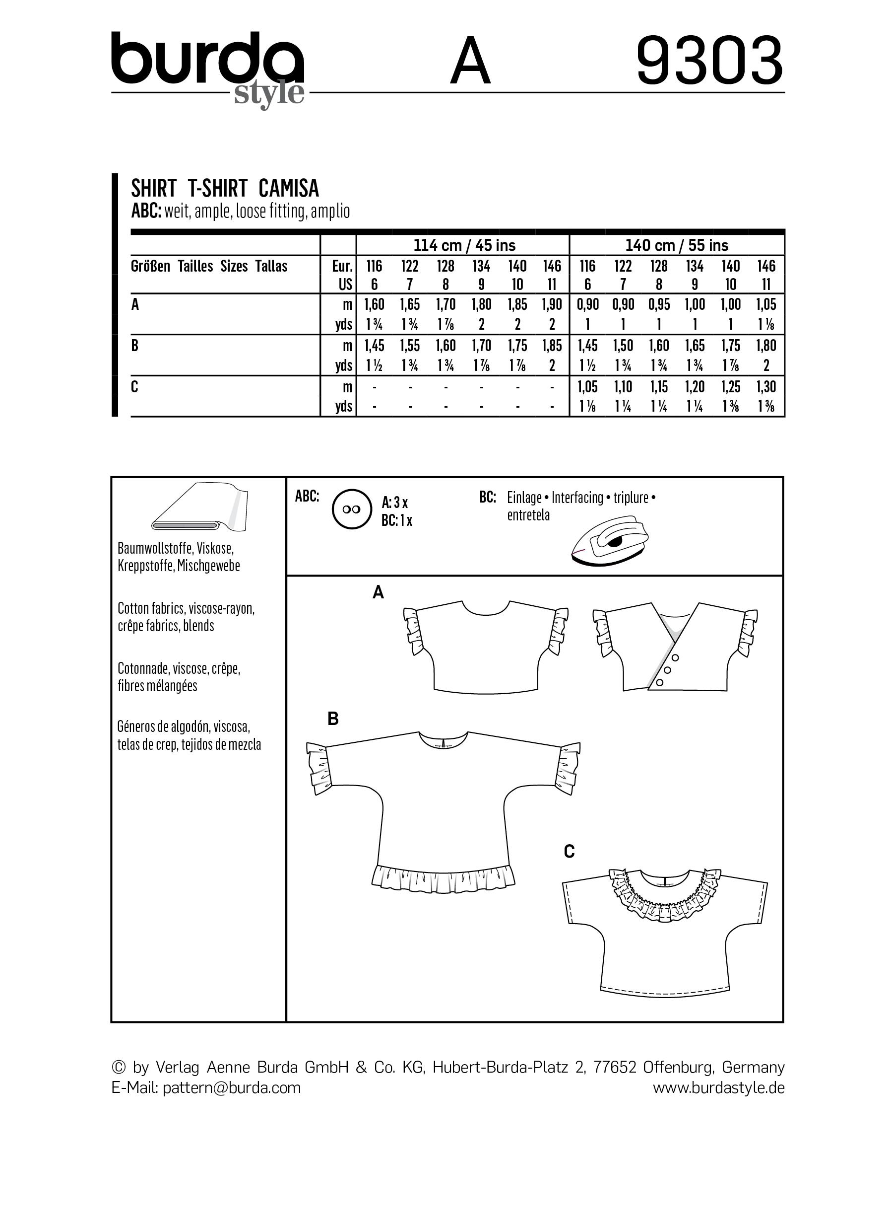 Burda B9303 Top with Integral Sleeves Sewing Pattern