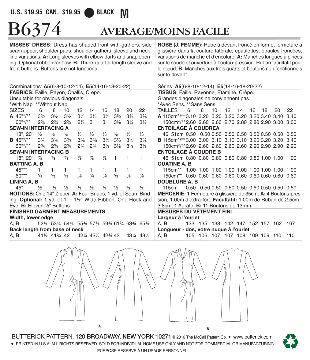 Butterick B6374 Misses' Swan-Neck or Shawl Collar Dresses with Asymmetrical Gathers