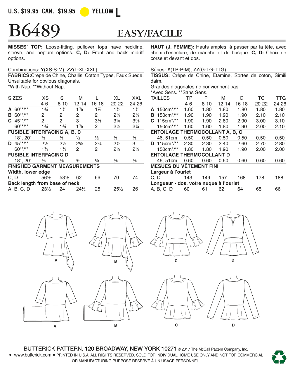 Butterick B6489 Misses' Pullover Tops with Sleeve and Peplum Variations