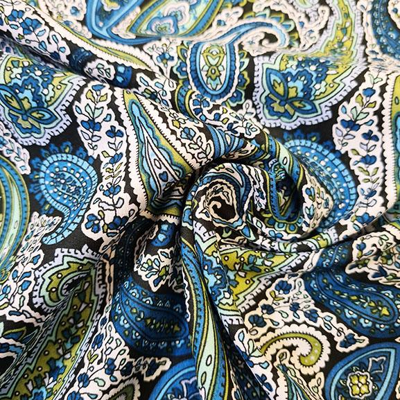 Blue and Green Paisley Print on Black Cotton Lawn