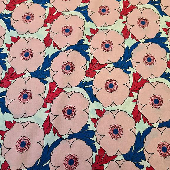 Pink flowers with red and navy blue leaves cotton lawn