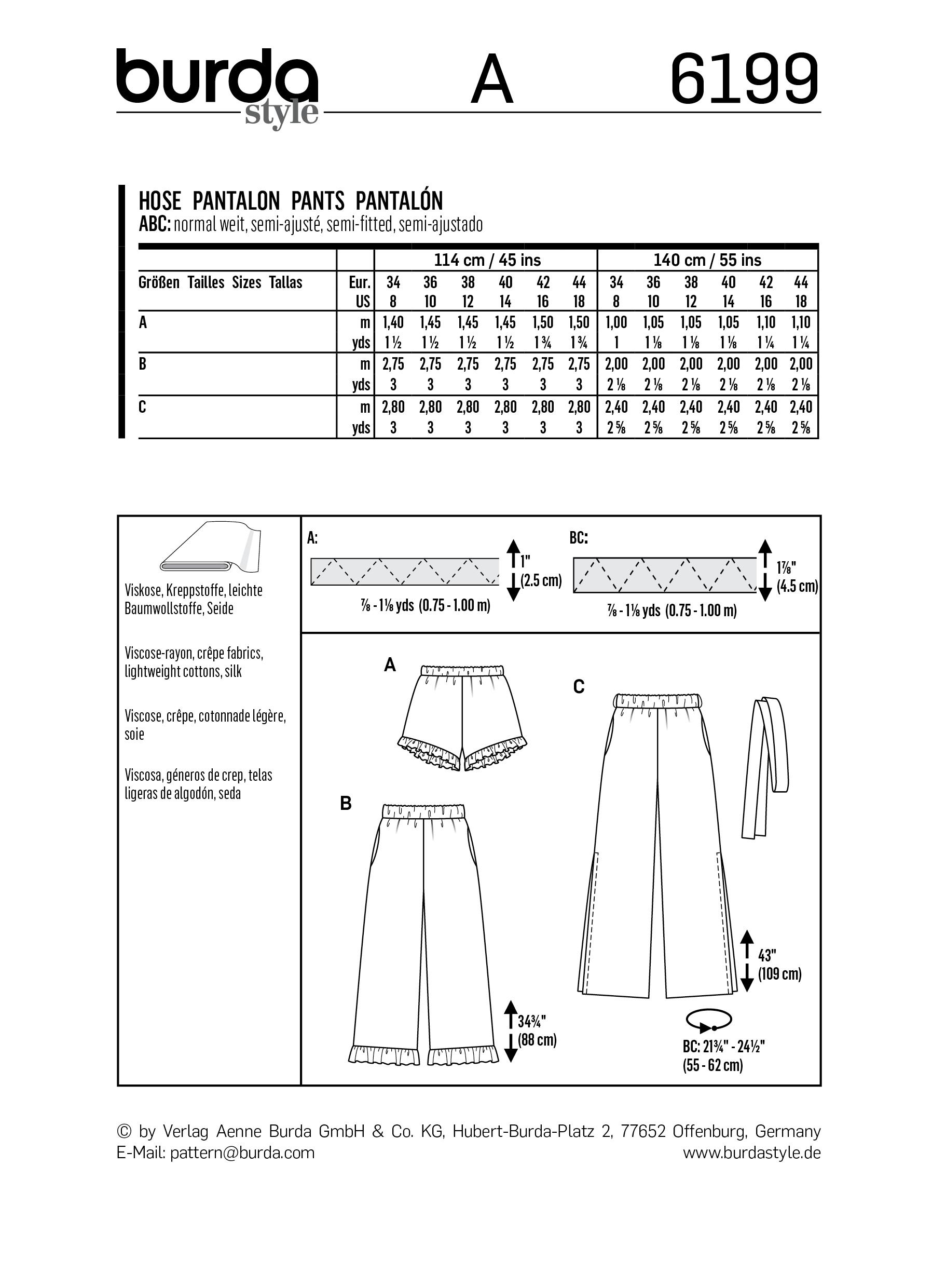 Burda B6199 Trousers/Pants Sewing Pattern