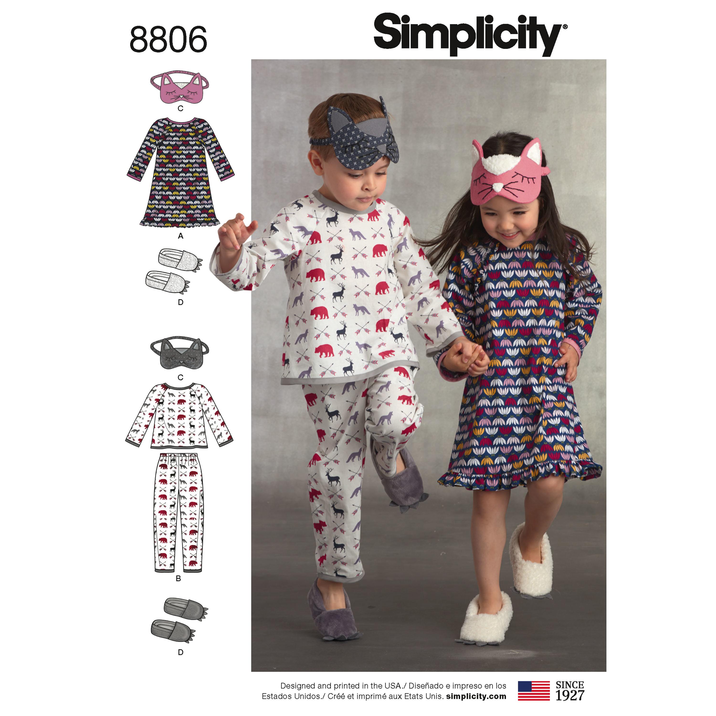 Simplicity S8806 Child Dress, Top, Pants, Eye Mask and Slippers