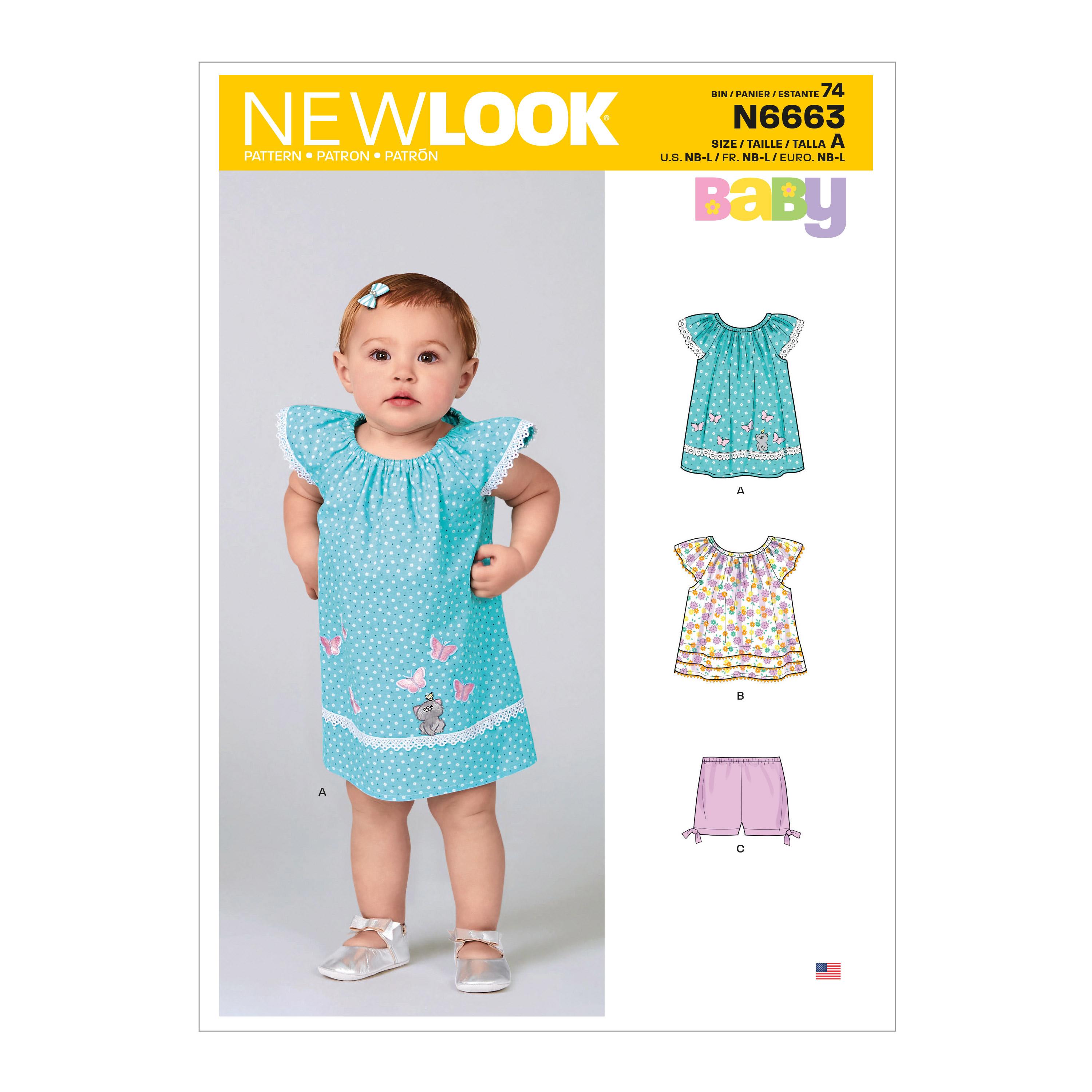 New Look Sewing Pattern N6663 Infants' Dress, Top With Appliques & Trims & Pants With Bows At Hem