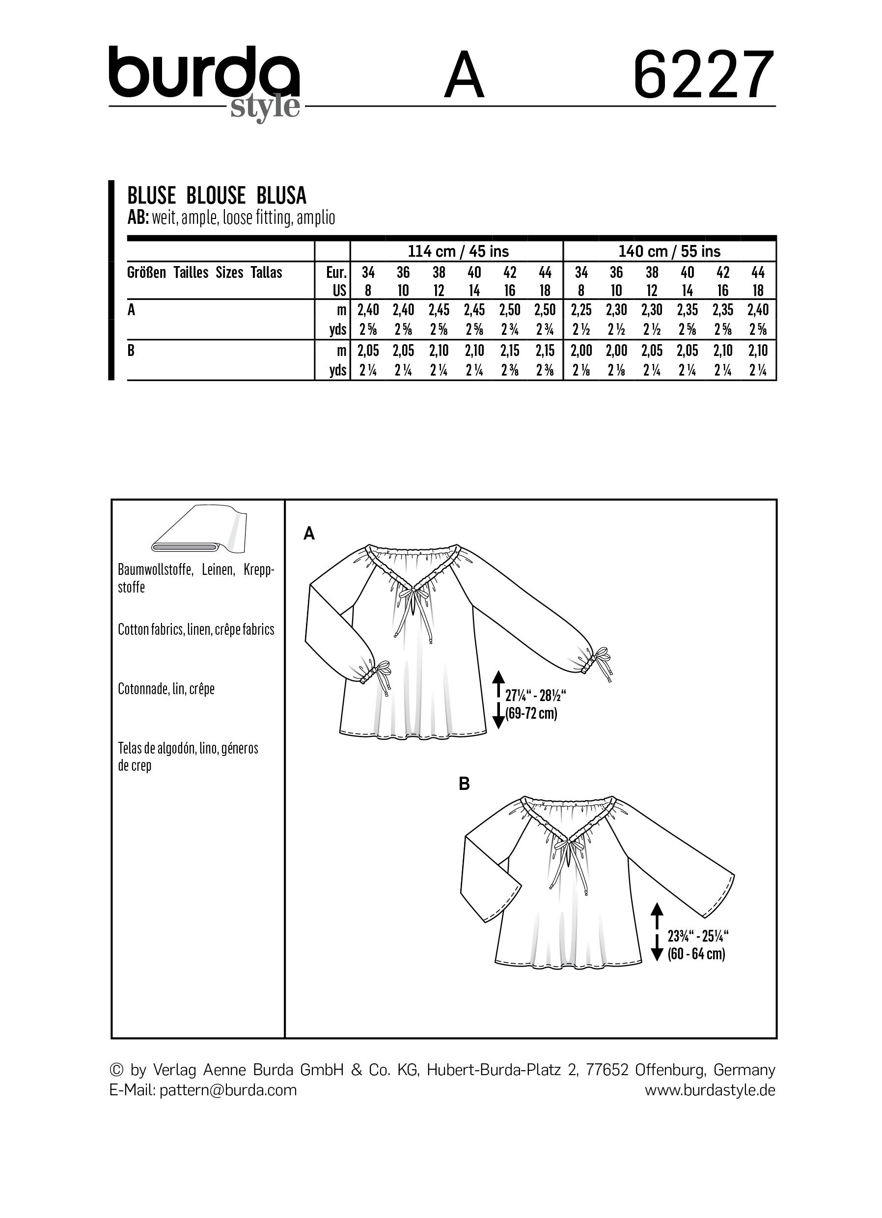 Burda B6227 Women's Blouse, Sewing Pattern