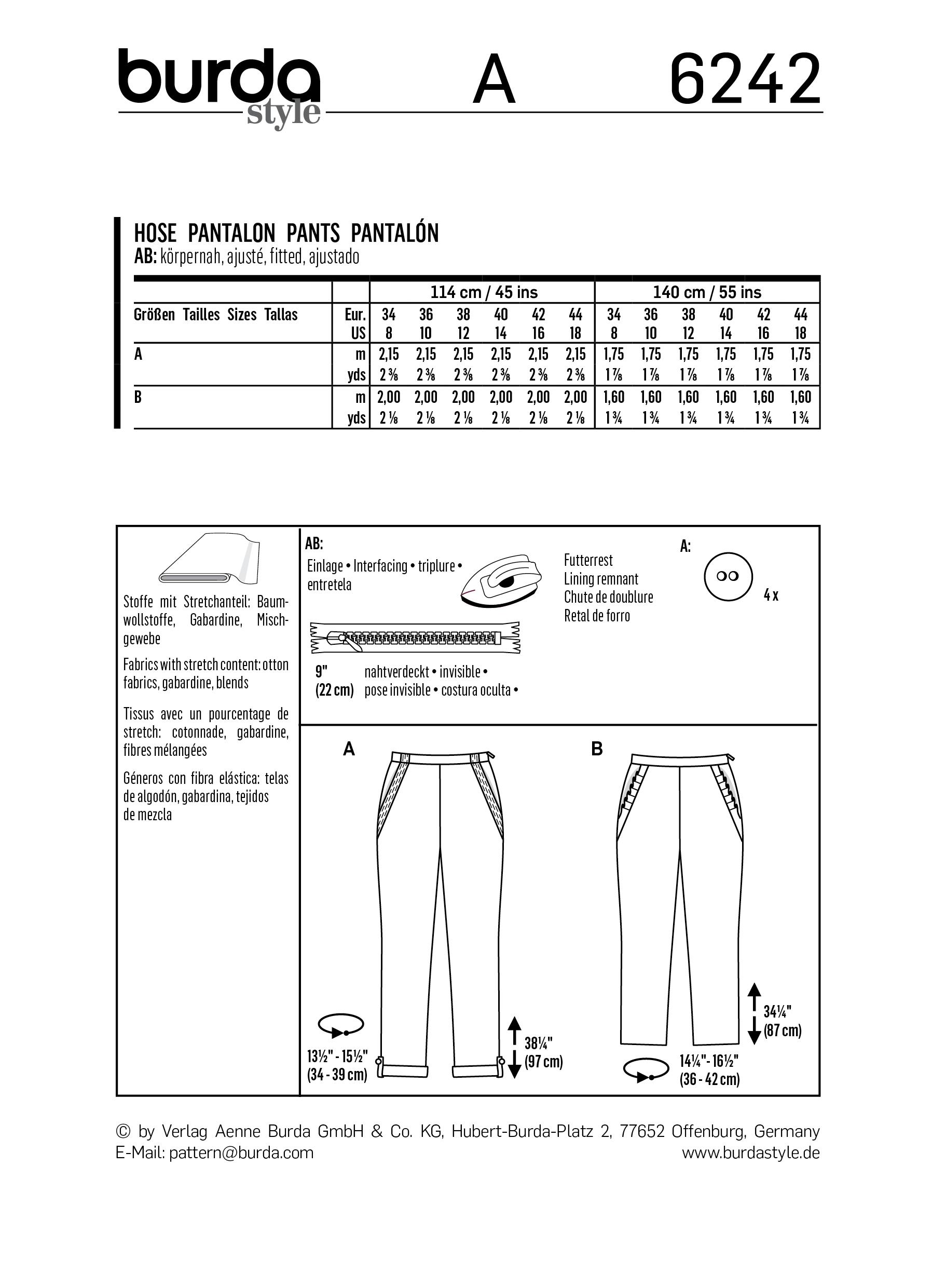 Burda B6242 Trousers/Pants with Side Zip Fastening Sewing Pattern