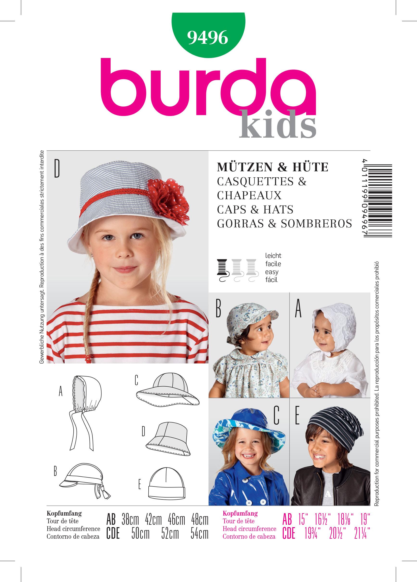 BurdaB9496 Style Caps & Hats Sewing Pattern