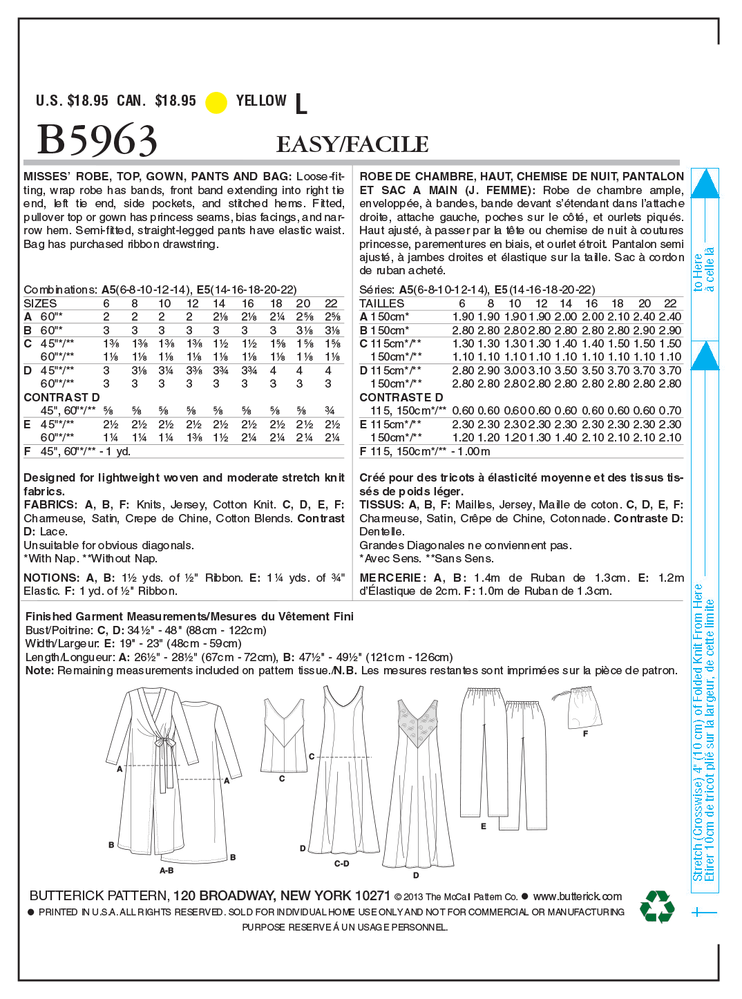 Butterick B5963 Misses' Robe, Top, Gown, Pants and Bag
