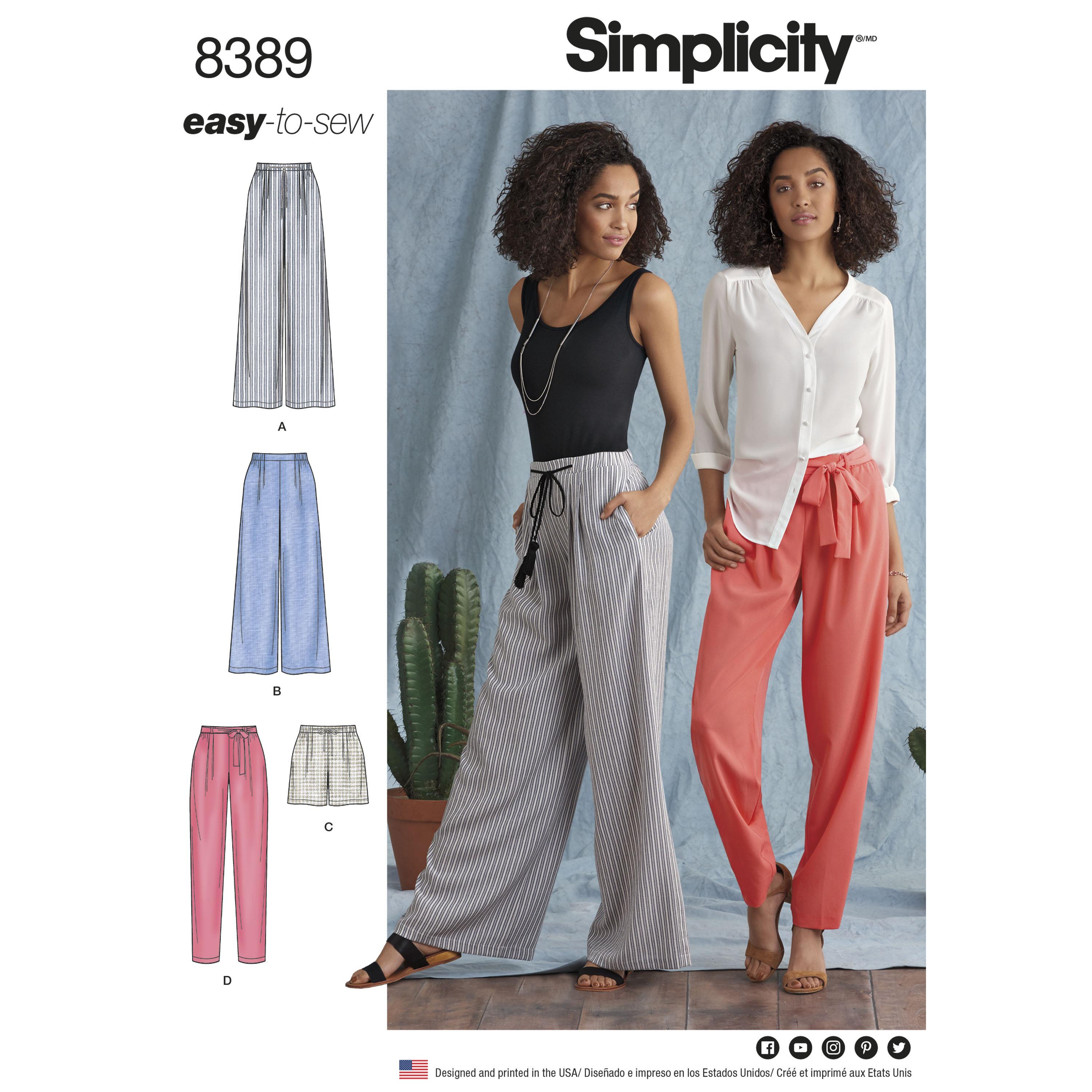 Simplicity S8389 Womens Trousers with Length and Width Variations and Tie Belt