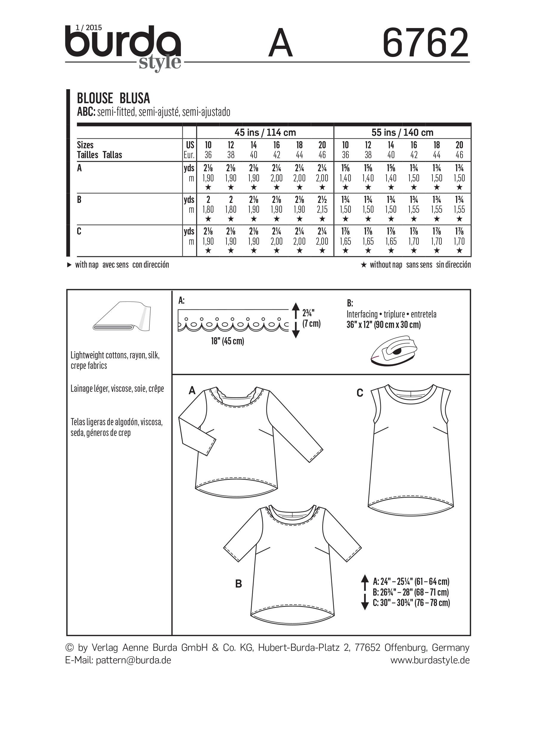 Burda B6762 Tops, Shirts, Blouses Sewing Pattern