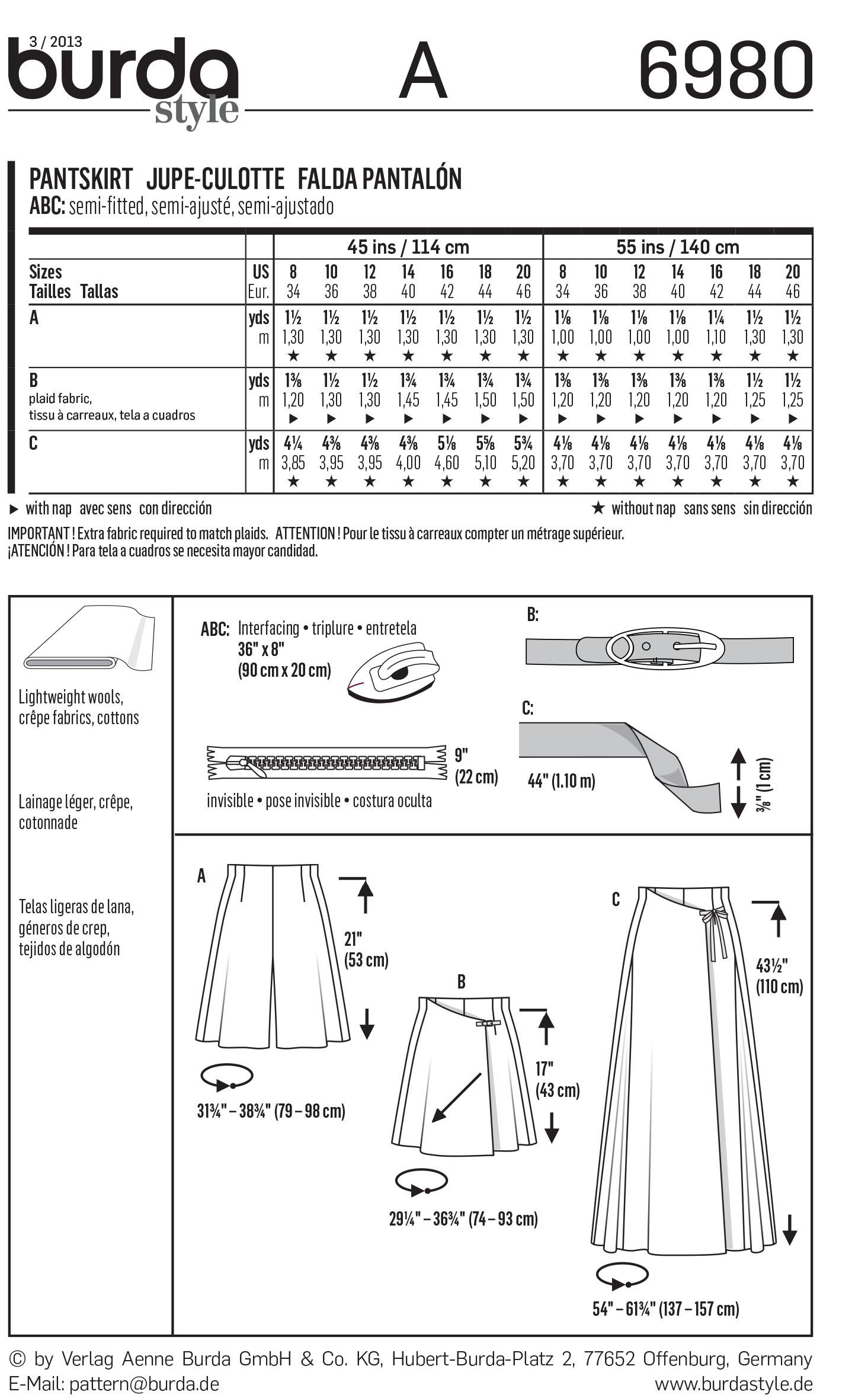 Burda B6980 Burda Trouserskirts Sewing Pattern