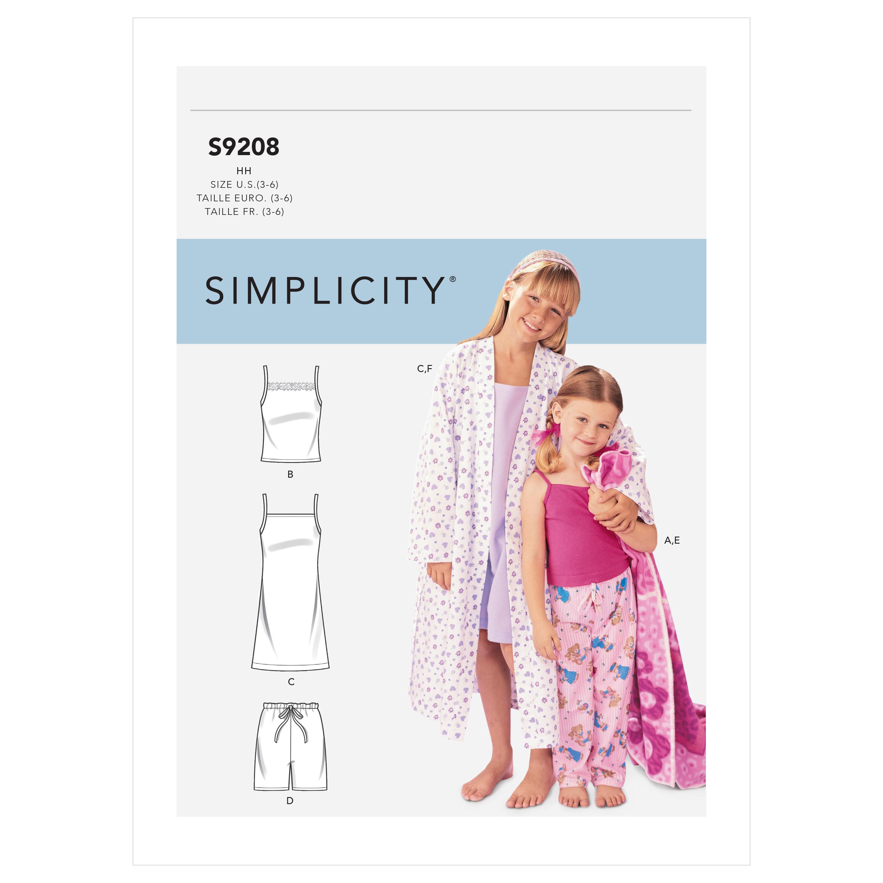 Simplicity S9208 Children's/Girls' Robe, Belt, Tops, Gown, Shorts and Pants