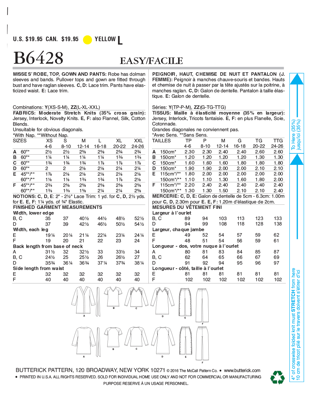 Butterick B6428 Misses' Robe, Raglan Sleeve Tops and Gown, and Pull-On Pants