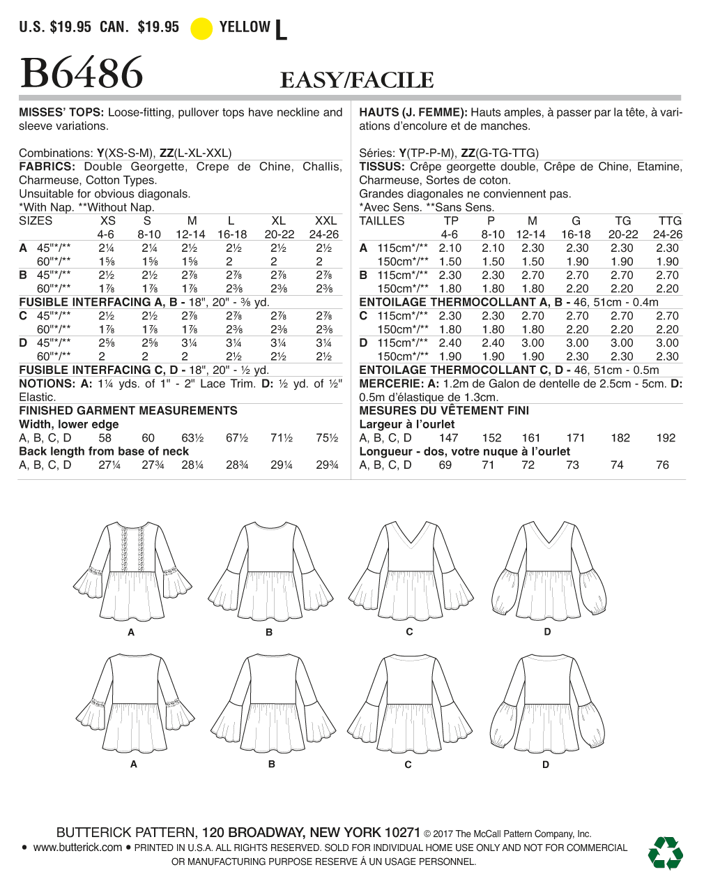Butterick B6486 Misses' Loose-Fitting, Gathered Waist Pullover Tops with Bell Sleeves