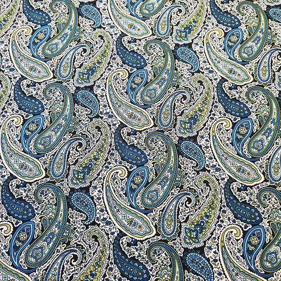 Blue and Green Paisley Print on Black Cotton Lawn