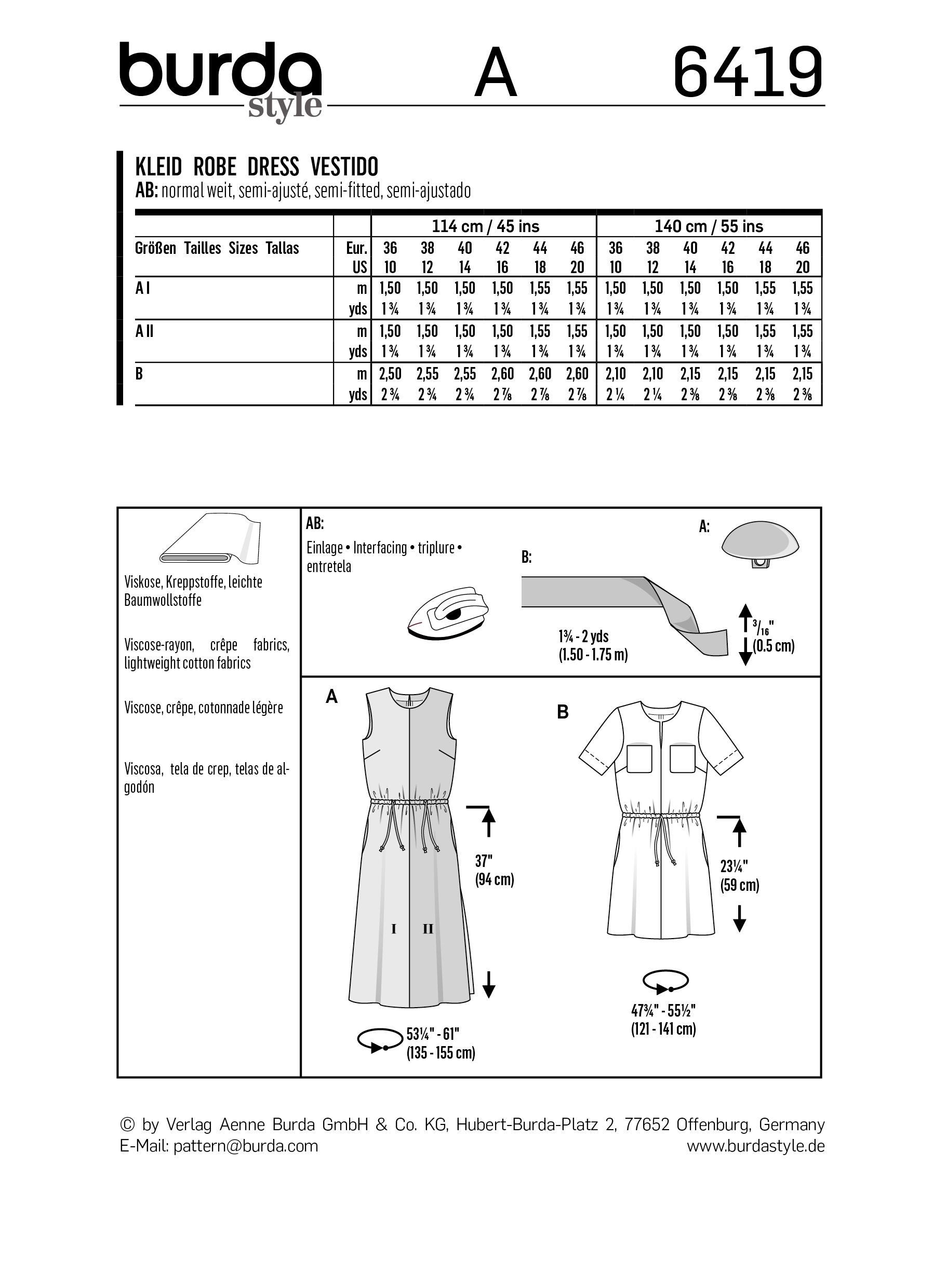 Burda B6419 Women's Short Sleeve Dress