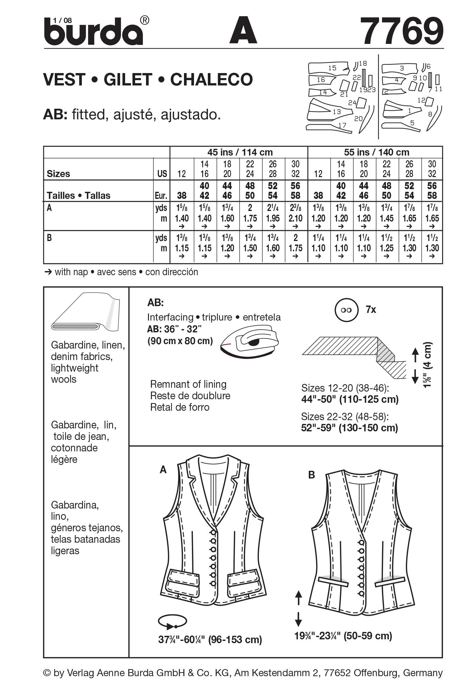 Burda B7769 Vest Sewing Pattern