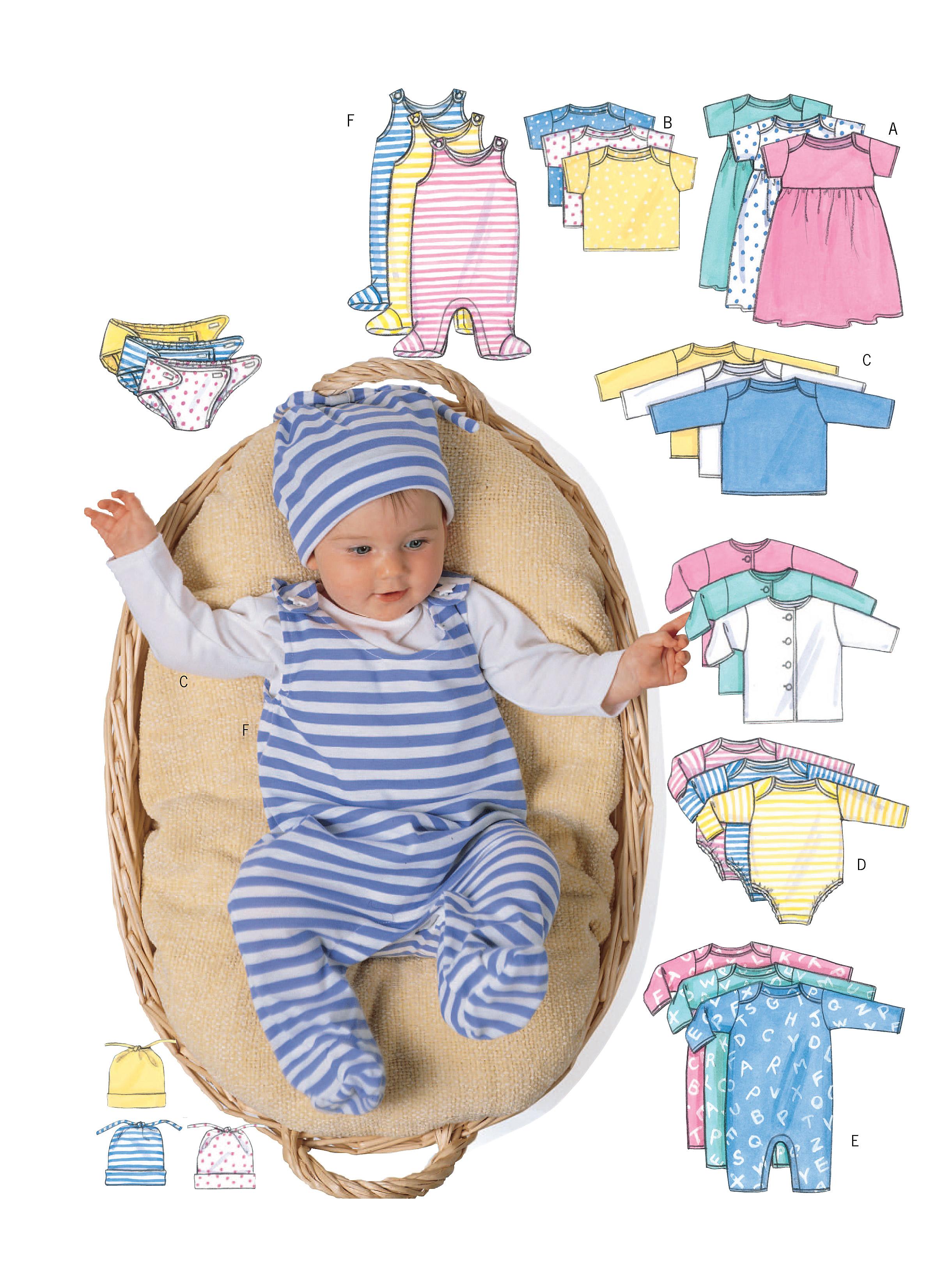 Butterick B5585 Infants' Jacket, Dress, Top, Romper, Diaper Cover and Hat