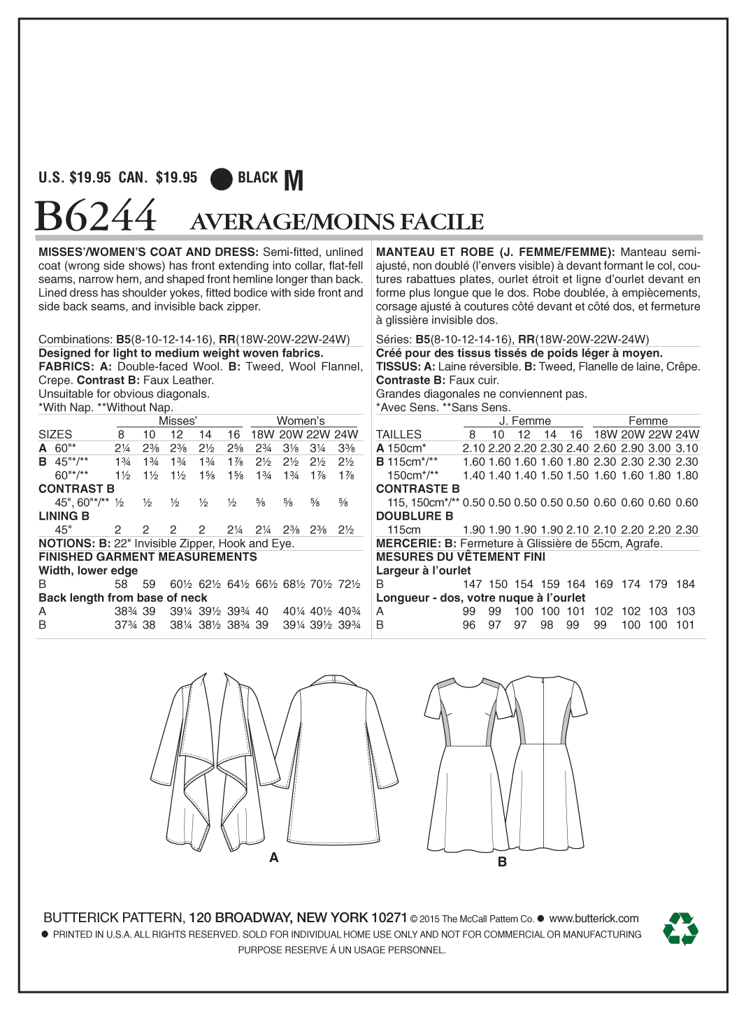 Butterick B6244 Misses'/Women's Coat and Dress