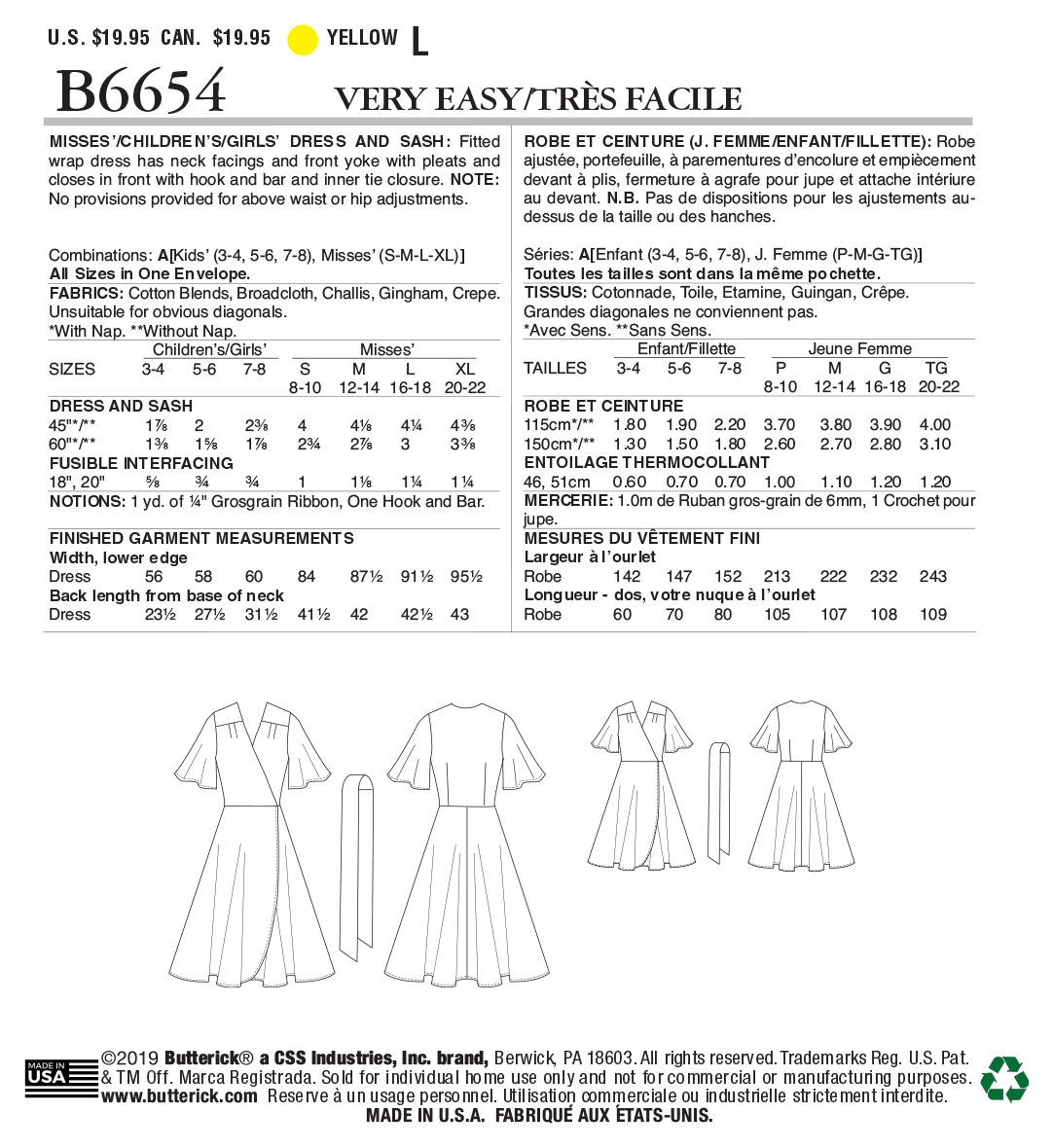 Butterick B6654 Misses', Children's and Girl's Dress and Sash