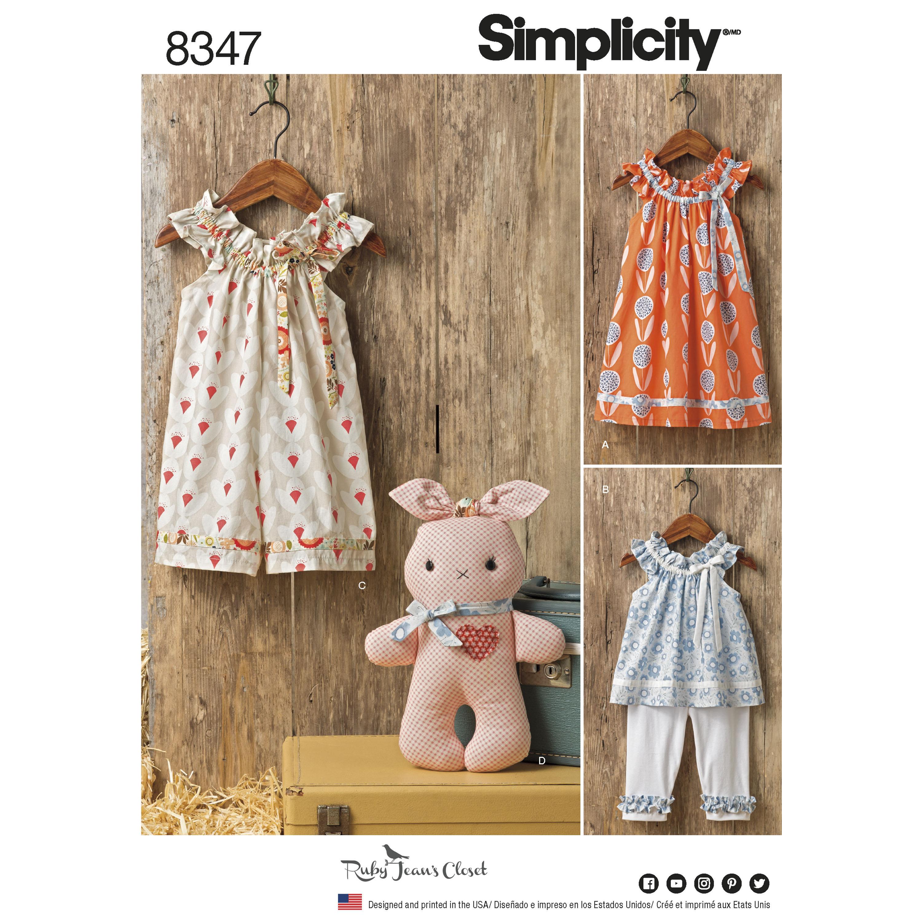 Simplicity S8347 Toddlers' dress, top and knit capris, and stuffed bunny