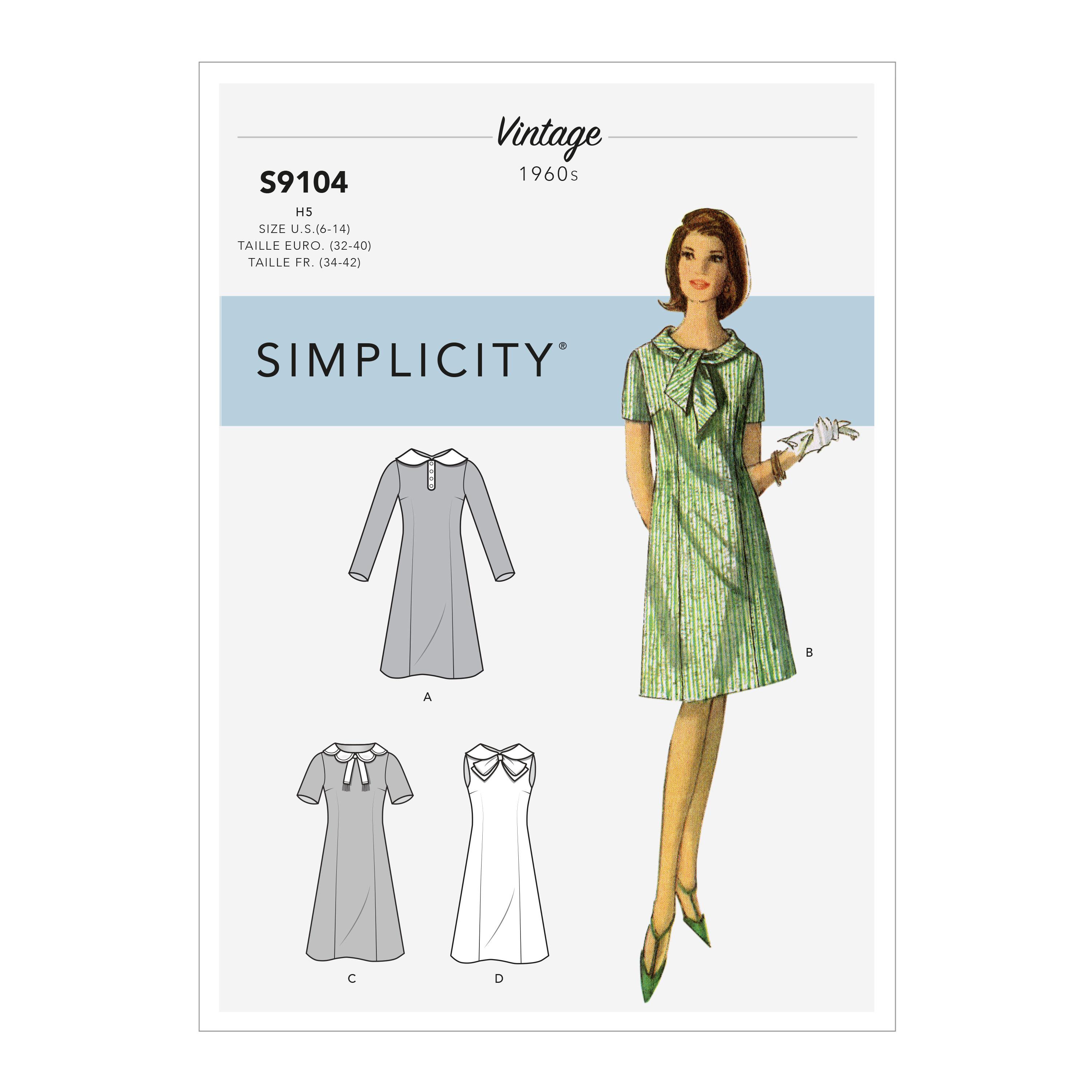 Simplicity S9104 Misses' Vintage Dresses With Sleeve & Neckline Variation