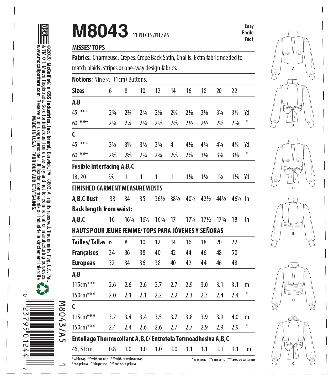 McCalls M8043 Misses Tops