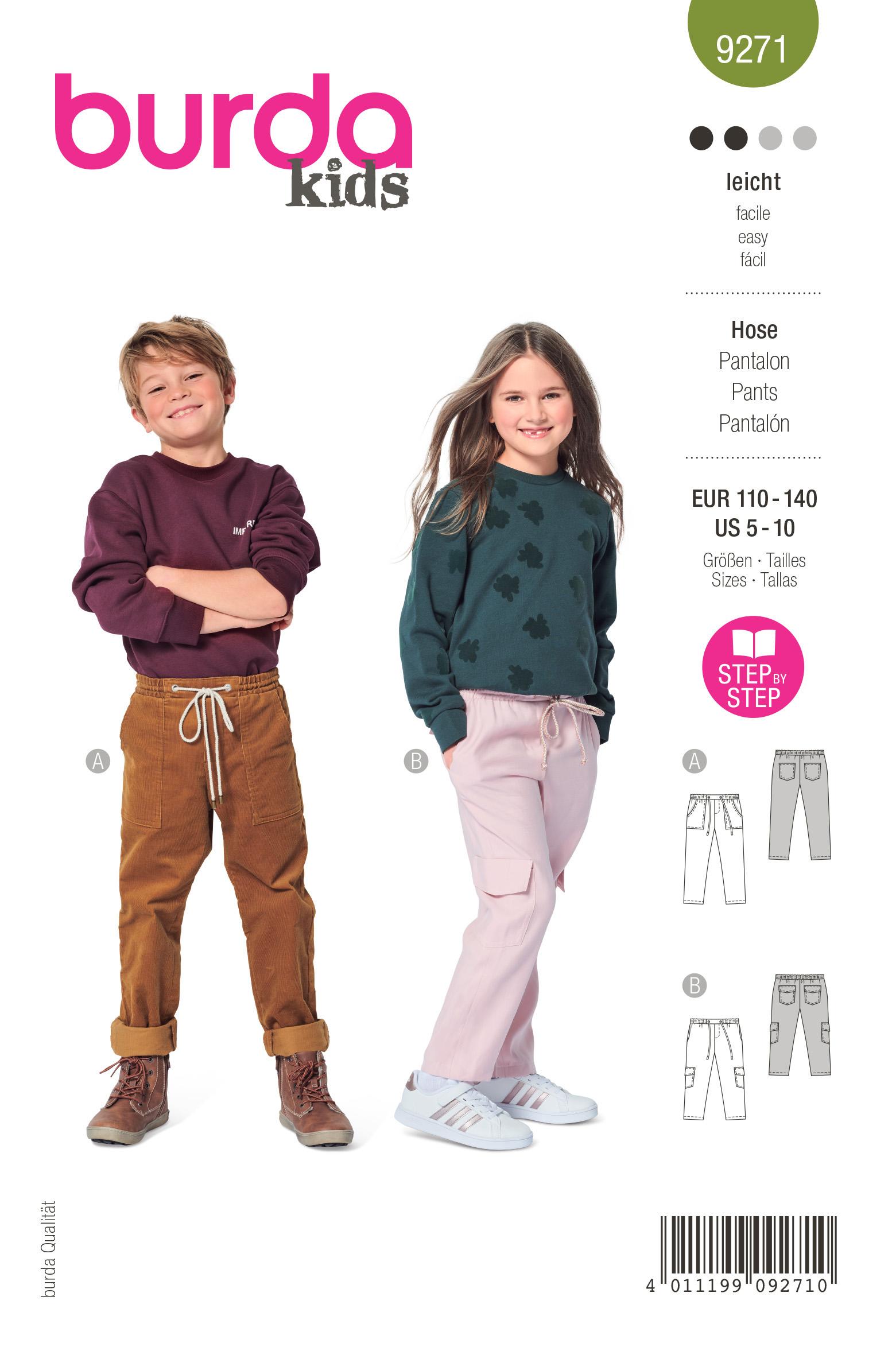 Burda Style Pattern 9271 Children's Slip-on Trousers and Pants with Elastic and Patch Pockets