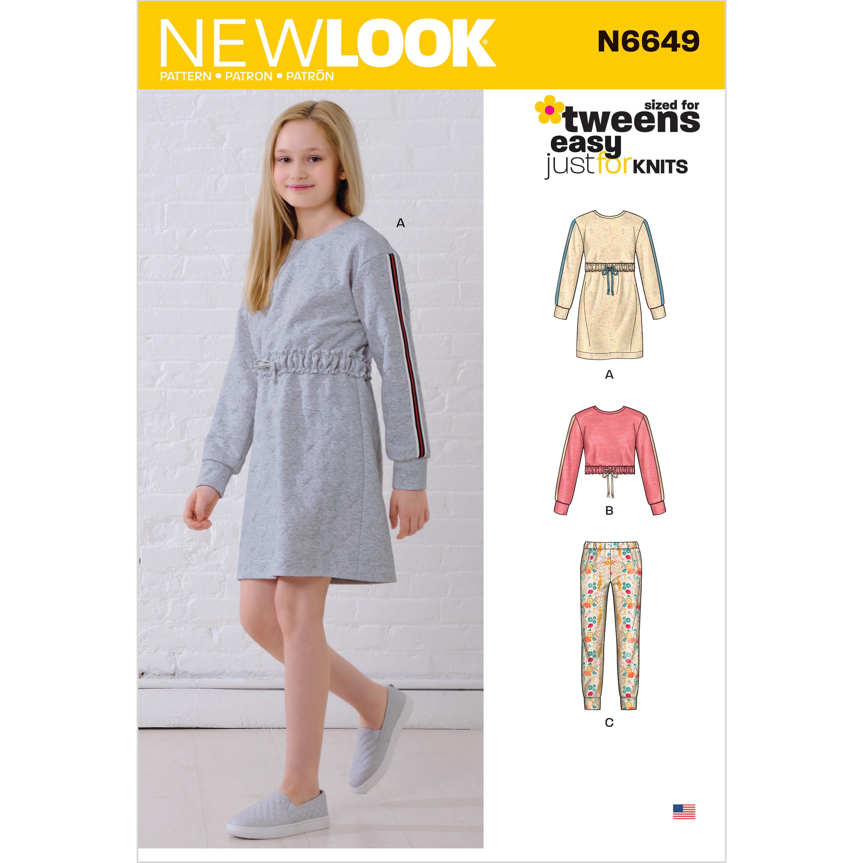 New Look Sewing Pattern N6649 Girls' Knit Dress, Top, Joggers