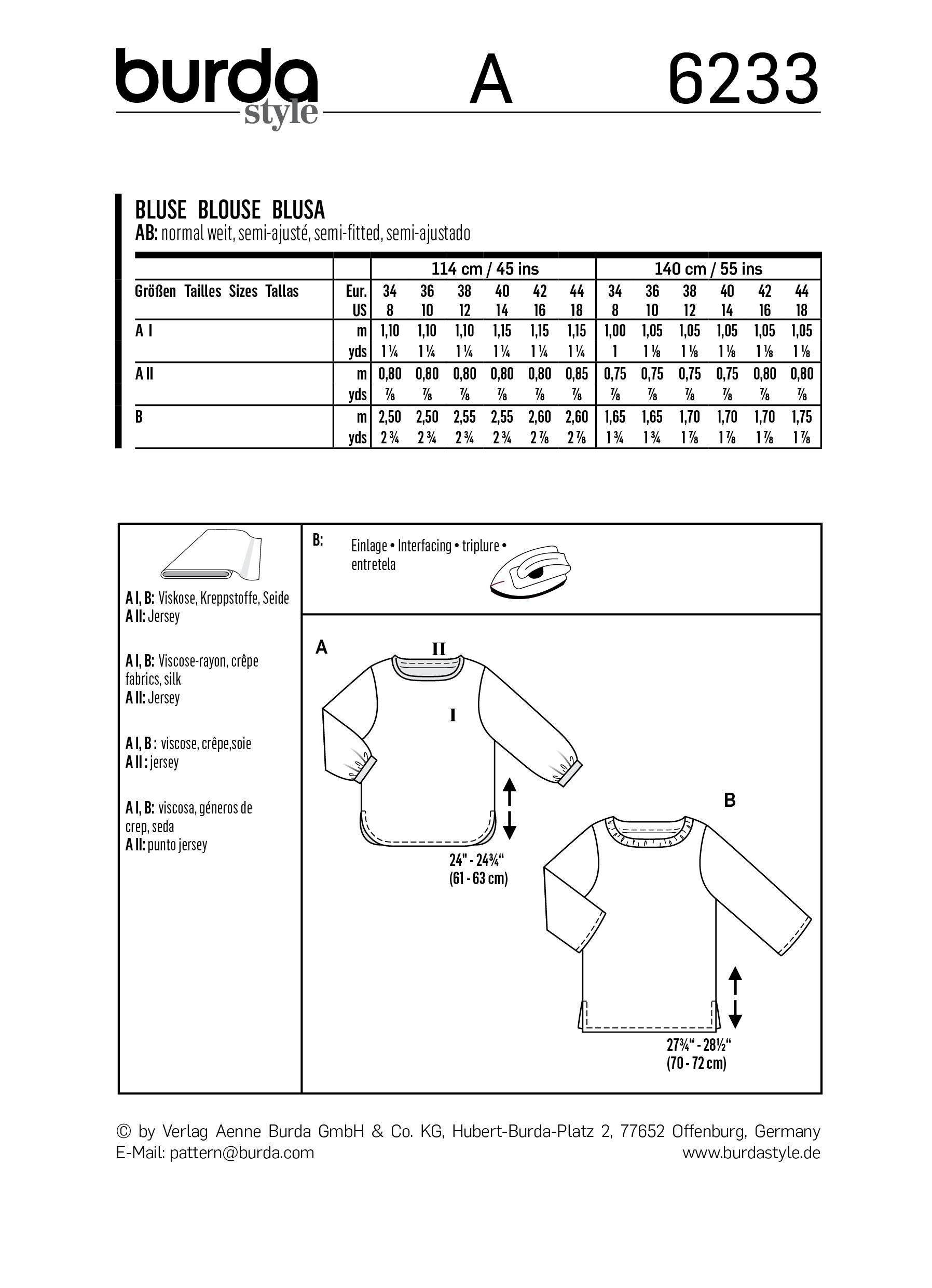 Burda B6233 Top with 3/4 Sleeves Sewing Pattern
