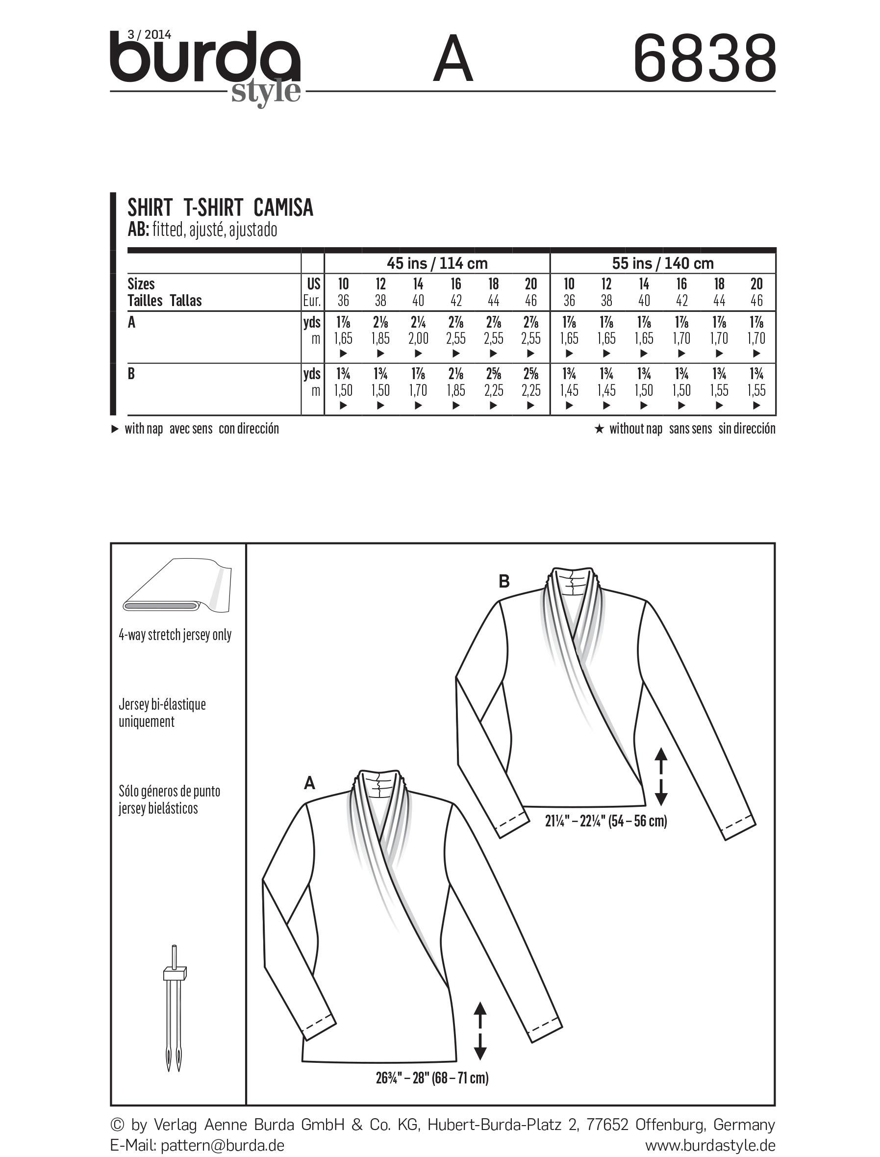 Burda B6838 Top, Shirt & Blouse Sewing Pattern