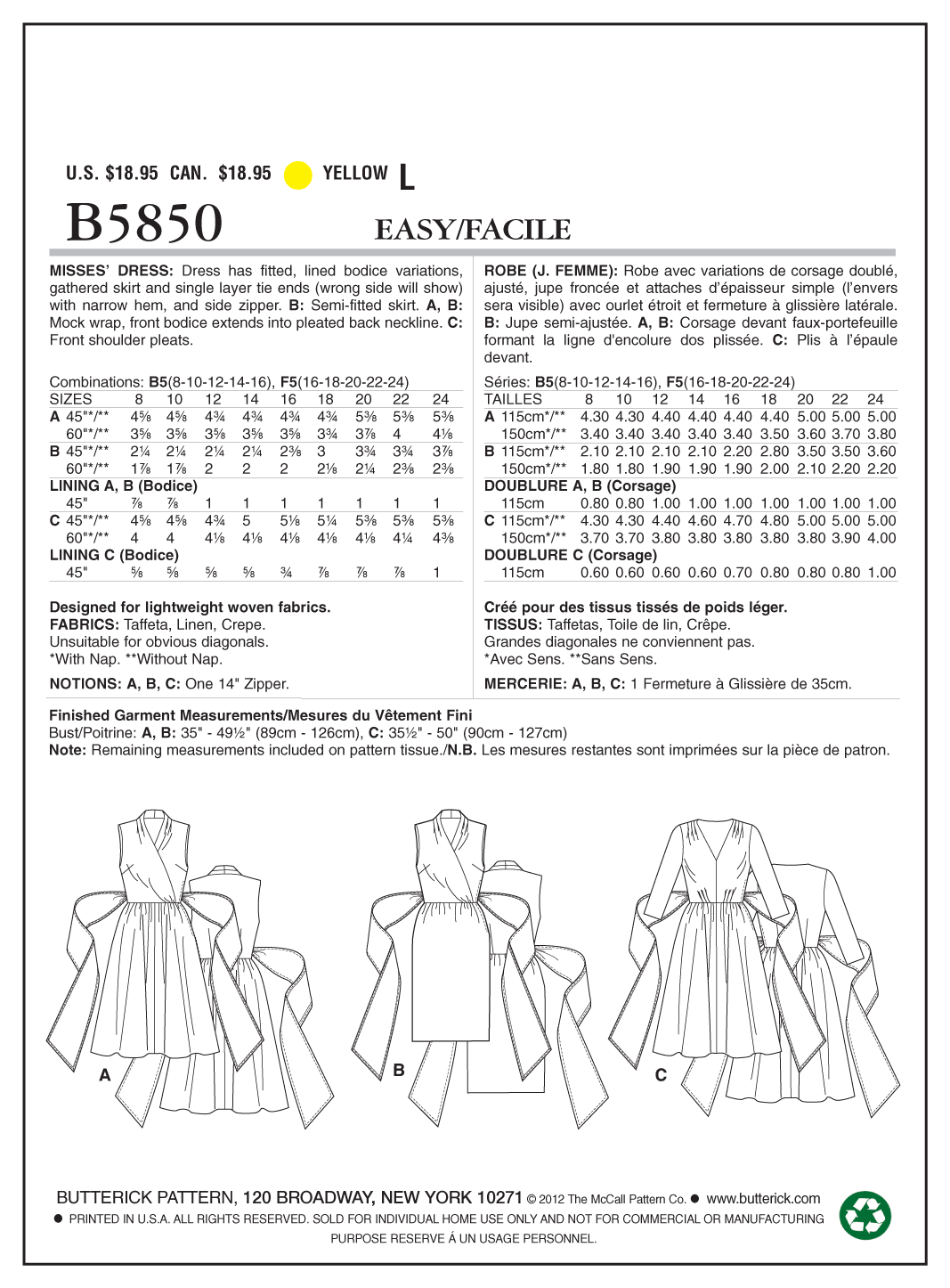 Butterick B5850 Misses' Dress