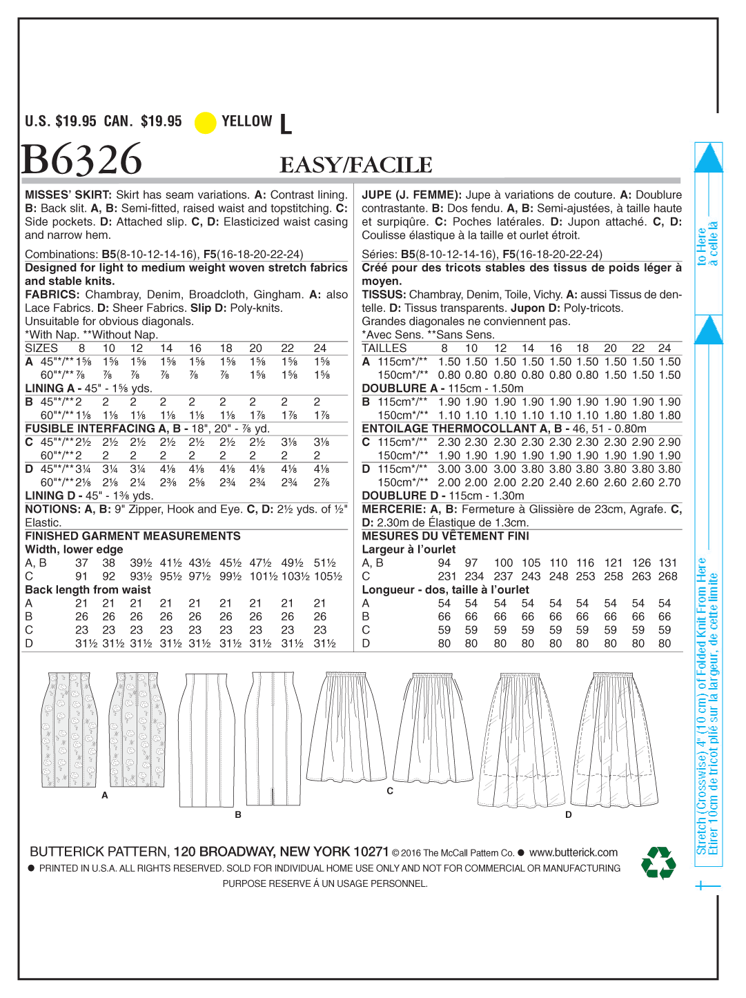 Butterick B6326 Misses' Raised-Waist or Elastic-Waist Skirts