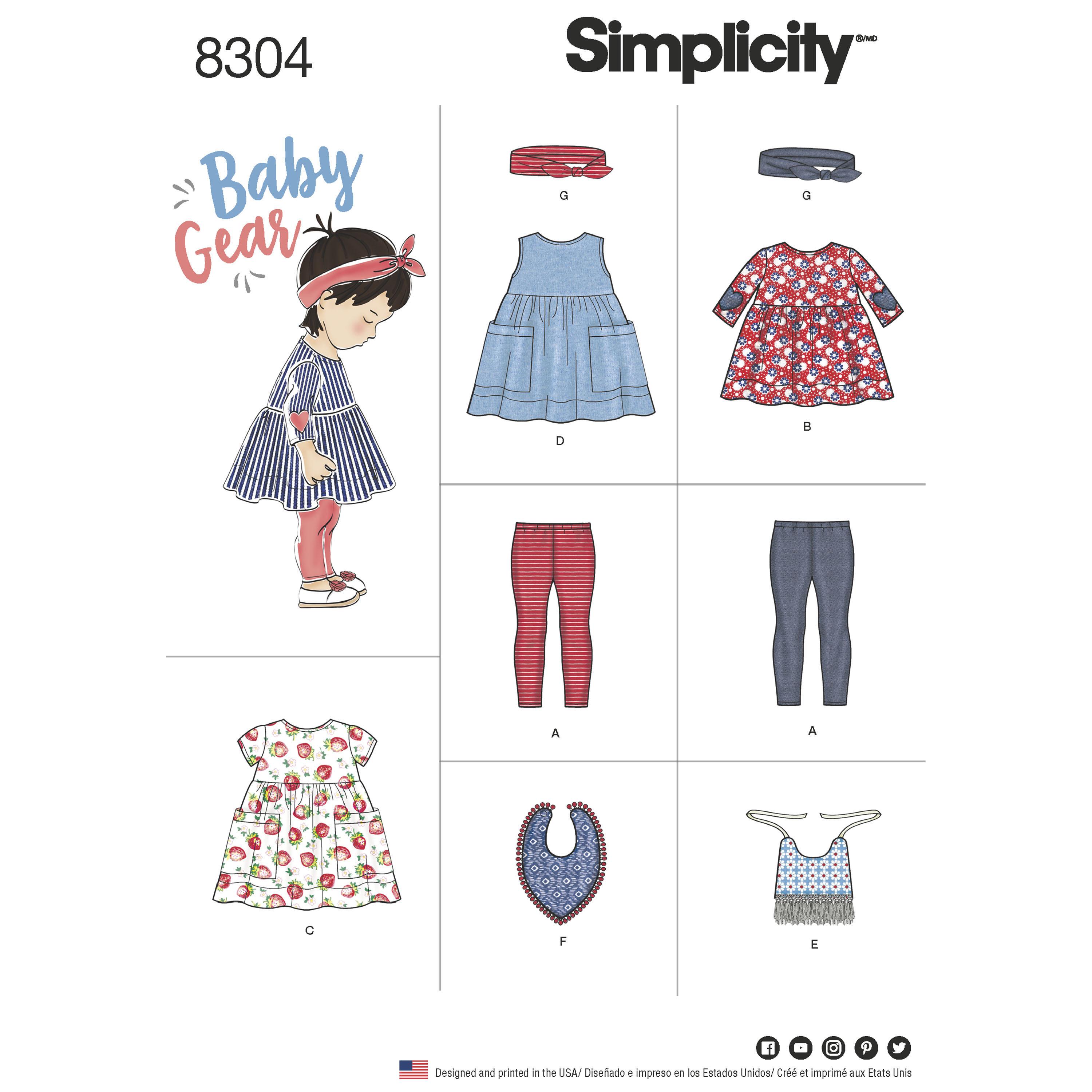 Simplicity S8304 Babies', Leggings, Top, Dress, Bibs and Headband in thress sizes S(17") M(18") L(19")