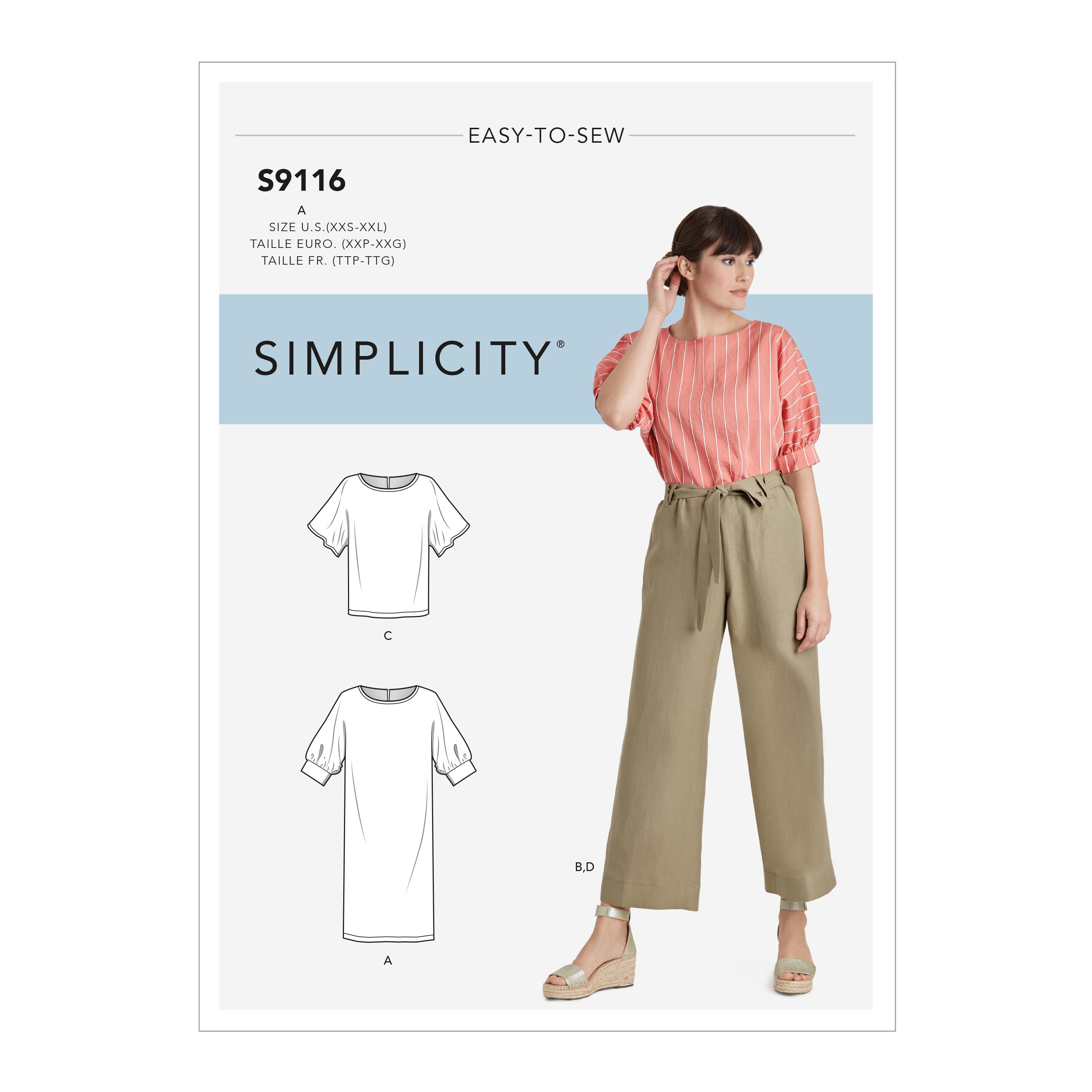 Simplicity S9116 Misses' Dress, Tops With Sleeve Variation & Pants With Tie Belt