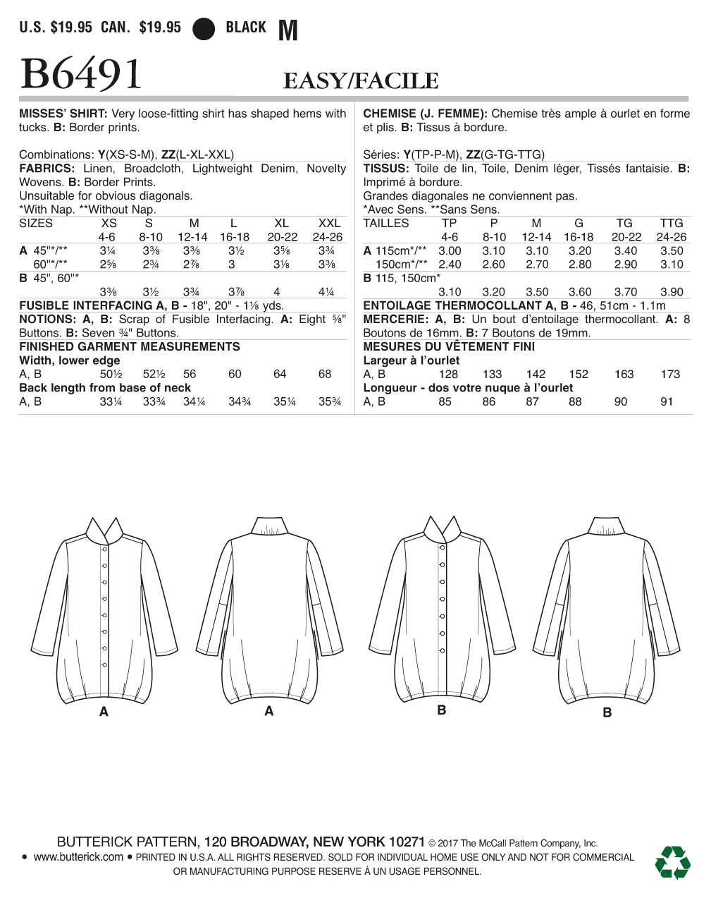 Butterick B6491 Misses' Loose Shirts with Stand Collar, Shaped Hem and Tucks