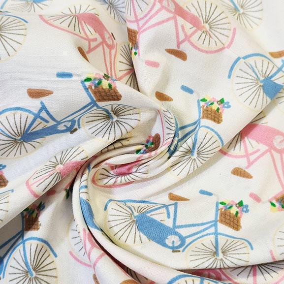 Pink & Blue Bicycles on White Poplin