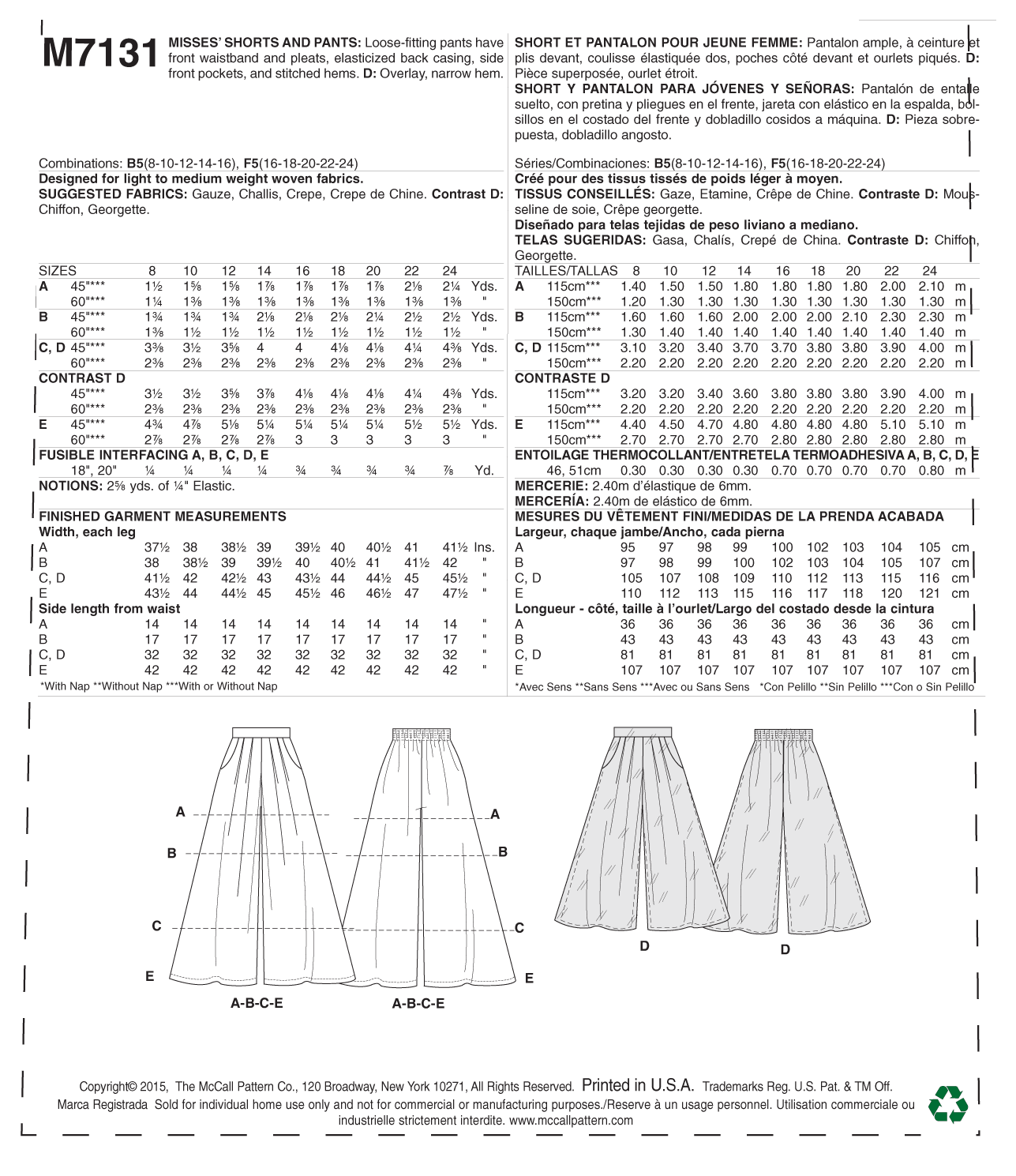 McCalls M7131 Pants/Shorts & Jumpsuits