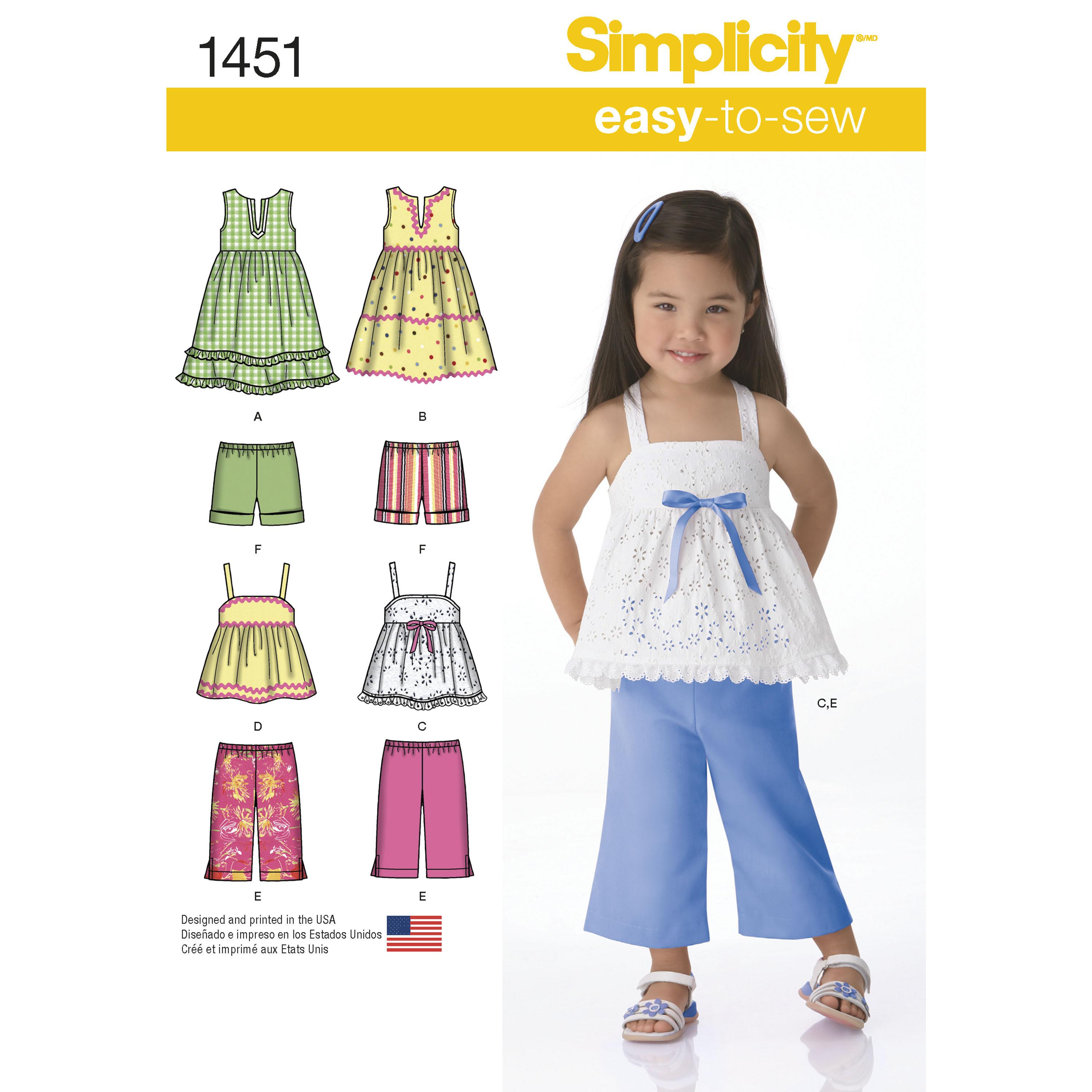 Simplicity S1451 Toddlers' Dresses, Top, Cropped Trousers and Shorts