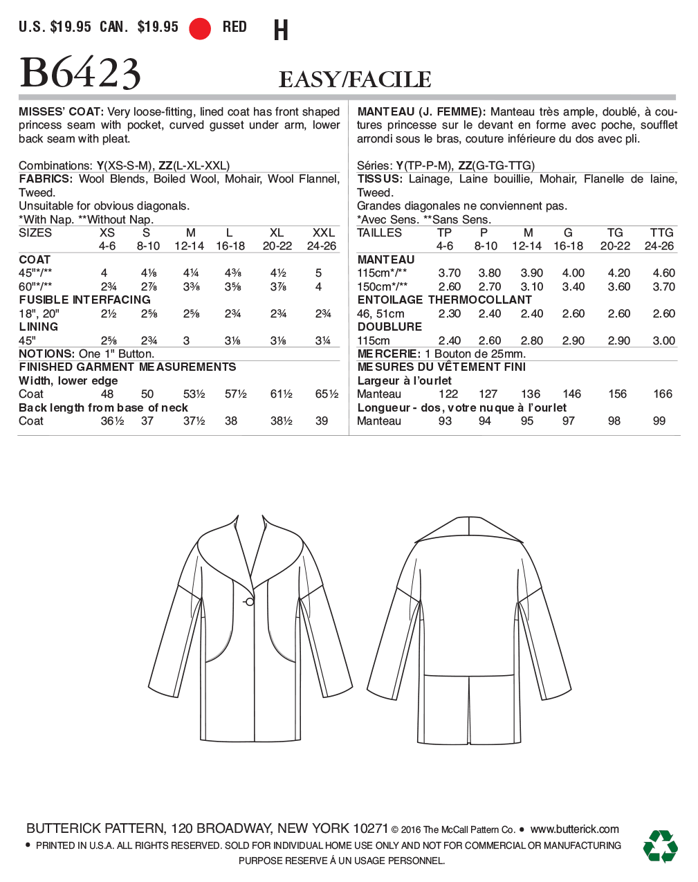 Butterick B6423 Misses' Drop-Shoulder, Shawl Collar Coat with In-Seam Pockets