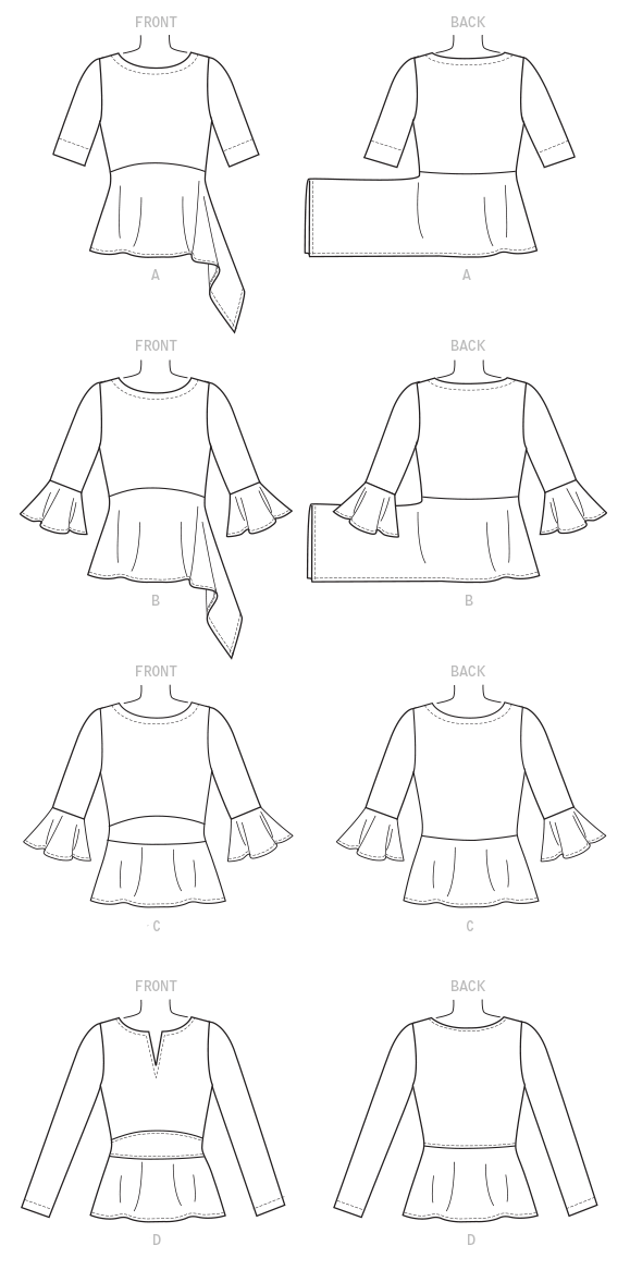 Butterick B6489 Misses' Pullover Tops with Sleeve and Peplum Variations