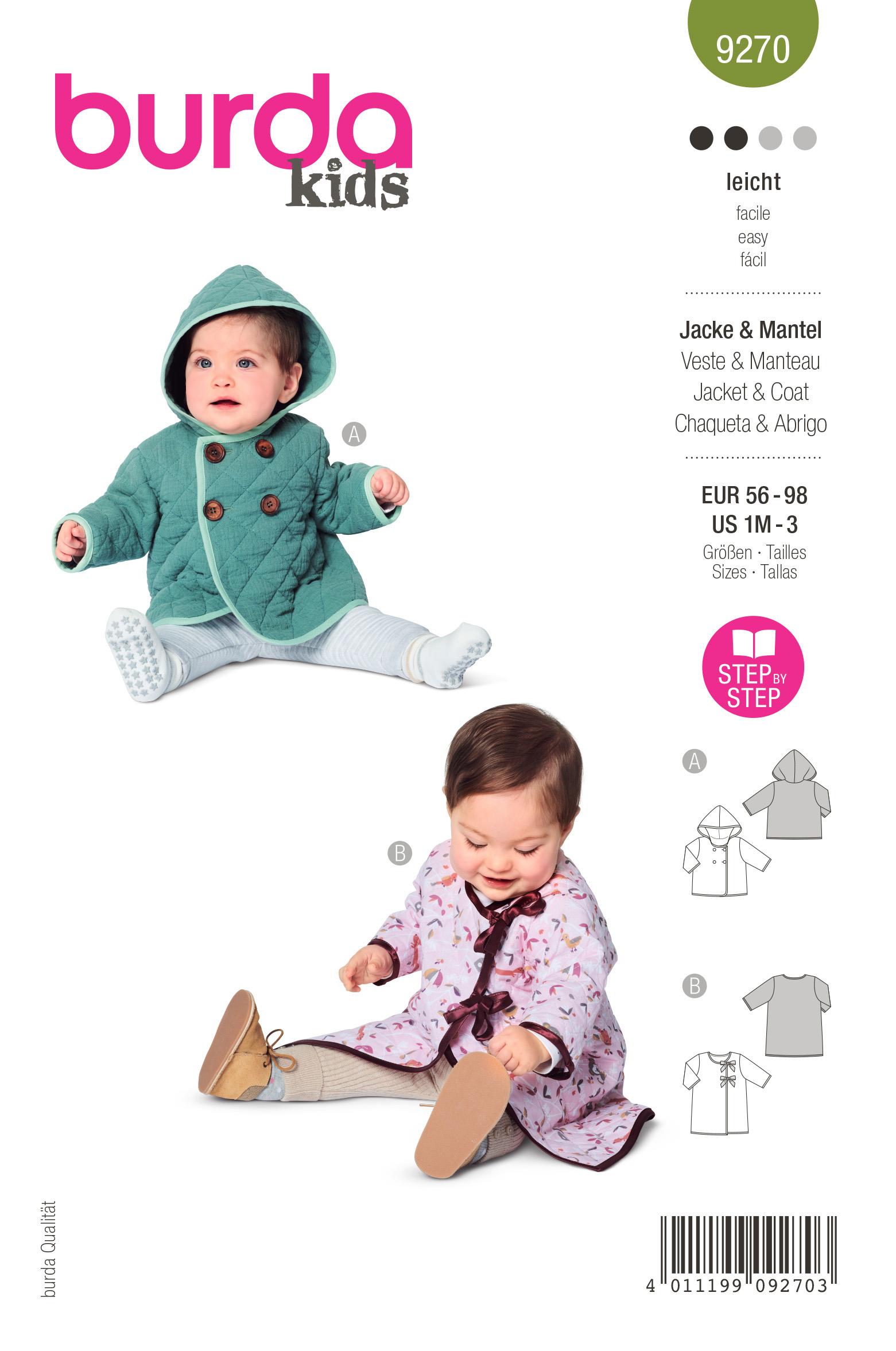 Burda Style Pattern 9270 Babies' Hooded Jacket, Coat with Tie Bands