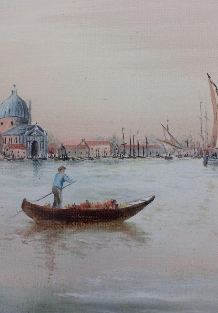 Antique oil painting of a gondola and sailing barges on the Grand Canal in Venice Italy Signed M Aiken Re-Framed Gilt Mounted Early 20th C