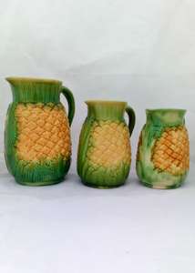 Antique Victorian Majolica Pineapple Jugs Graduated Set of Three Naturalistically Moulded Green and Yellow Glaze  circa 1870