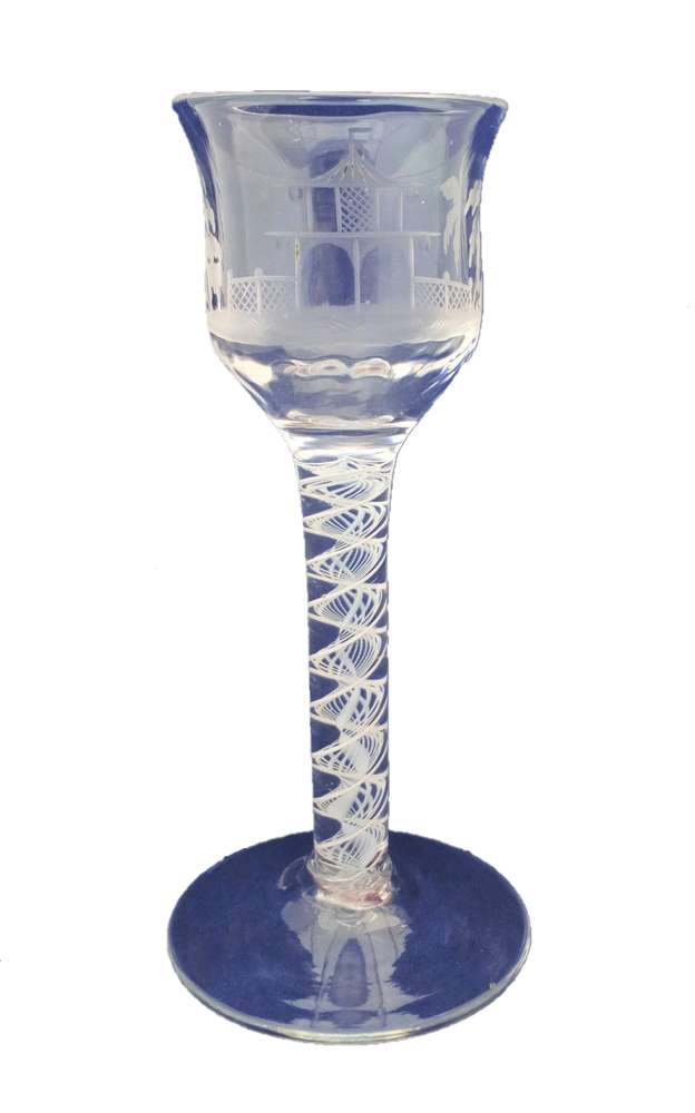 Georgian Wine Glass Single Series Opaque Twist Stem Chinoiserie Engraved Bowl Antique circa 1760