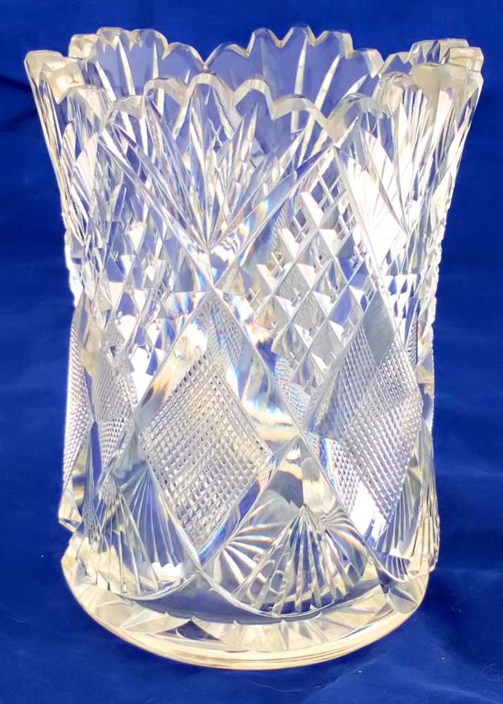 An antique Edwardian fan cut glass small celery vase with hobnail and strawberry diamond cutting star cut base circa 1910