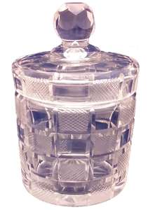 Antique Georgian lidded butter dish chequered cut glass cylindrical shape circa 1820