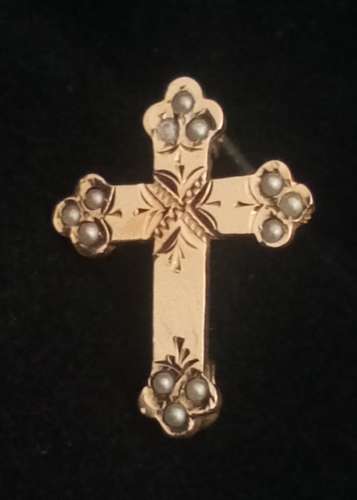 Antique Victorian 9ct Gold Front and Seed Pearl Tiny Cross Brooch or Pin c 1890