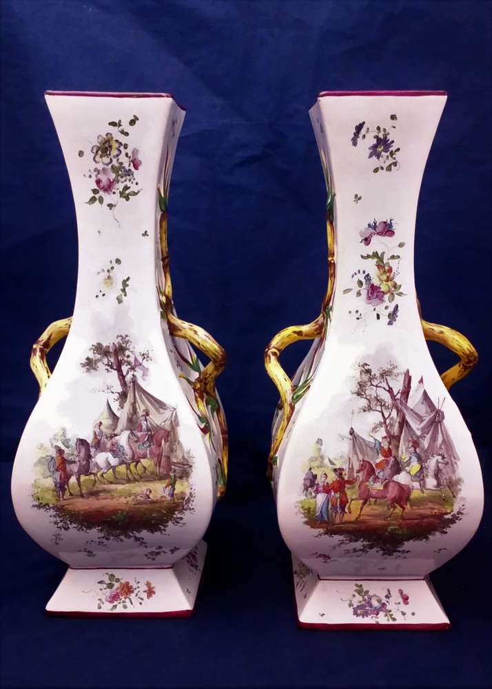 A vintage pair of large square baluster shaped French faience Vases in the 18th century Marseilles style of Gaspard Robert or la Veuve Perrin mid 20th century
