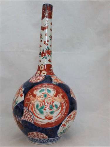 Antique Japanese Imari Porcelain Bottle Vase Hand Painted Fans and Scenes Meiji 19th Century circa 1890